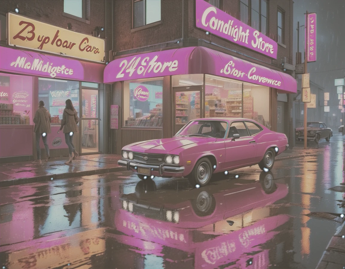 general shot, ((large midnight convenience store with neon signs: 1.5)), (town, street at midnight, wind: 1.3, flying papers: 1.3, puddles of water on the streets: 1.3, parking for cars, ((sign with text, "24 hour store" in neon magenta:1.3)), vintage cars, street lamps lighting, heavy rain, dark and cold night:1.3), masterpiece, hyper realistic, highly detailed and well defined , award-winning image, beautiful photography, CG K: 1.4, 8k