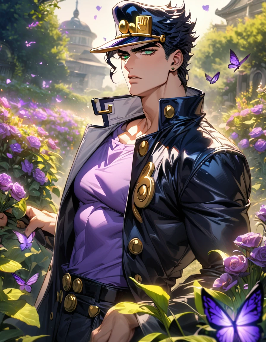 absurdres, highres, ultra detailed, HDR, masterpiece, Jotaro Kujo, black hair, expressive green eyes, jojo bizarre adventure, black leather coat, purple shirt, 1man, handsome, extremely detailed, garden, purple flowers, purple petals, purple butterflies