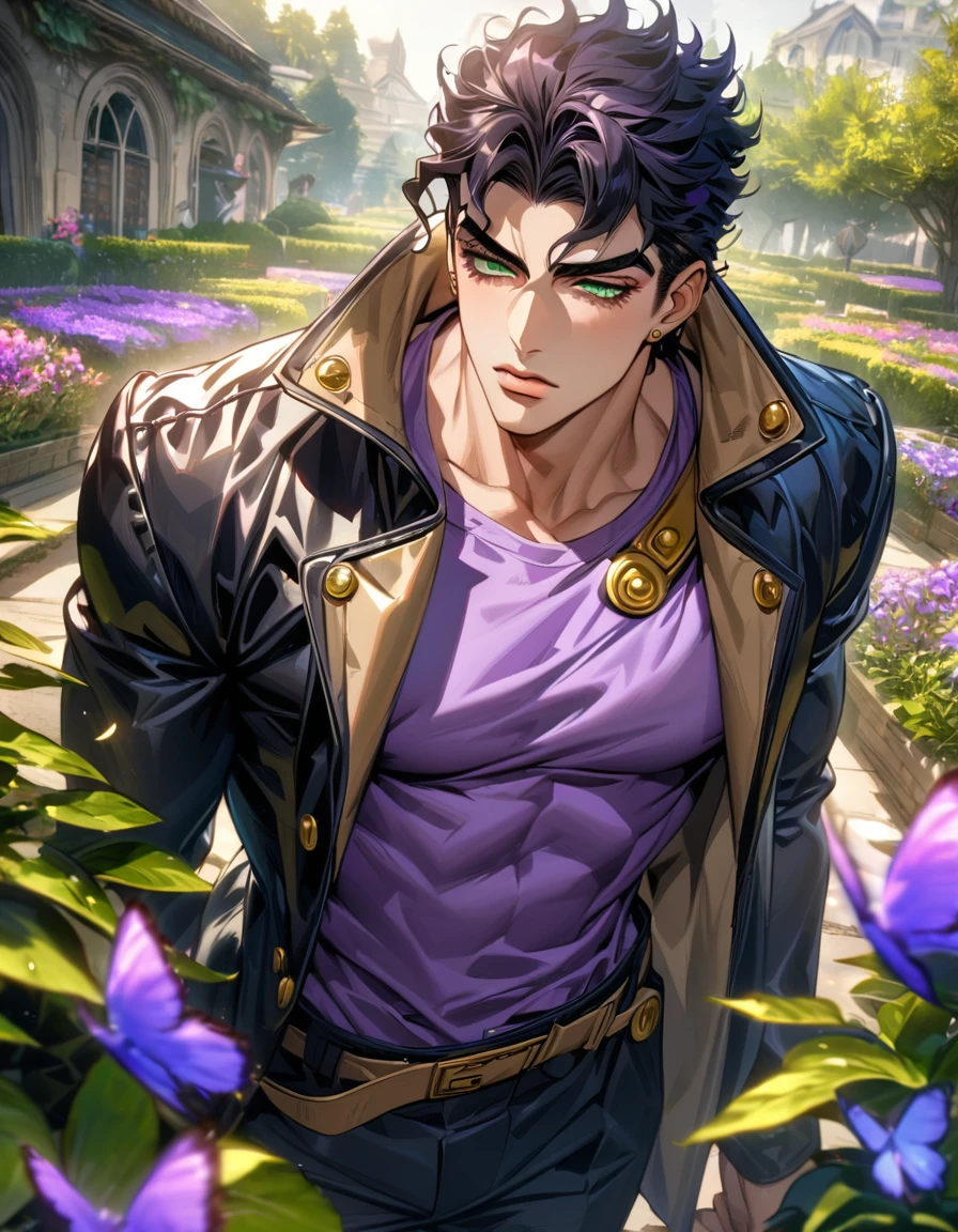 absurdres, highres, ultra detailed, HDR, masterpiece, Jotaro Kujo, black hair, expressive green eyes, jojo bizarre adventure, black leather coat, purple shirt, 1man, handsome, extremely detailed, garden, purple flowers, purple petals, purple butterflies