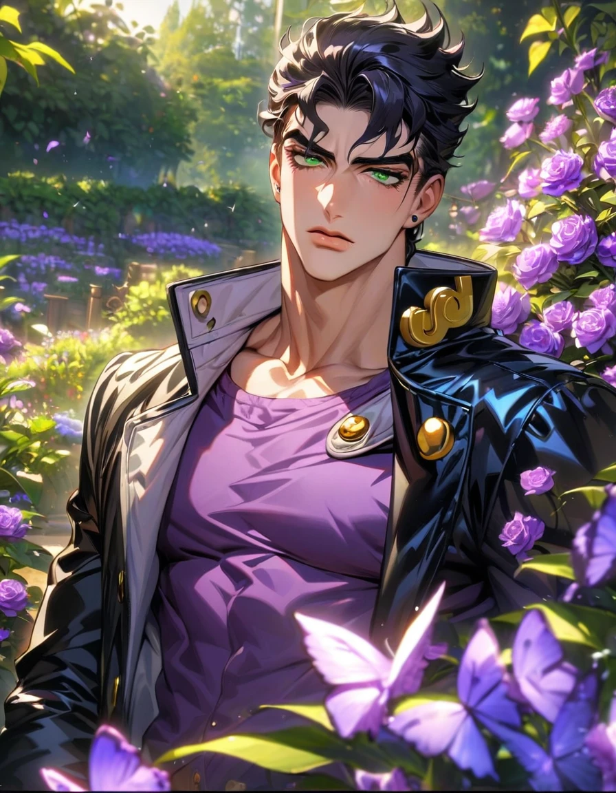 absurdres, highres, ultra detailed, HDR, masterpiece, Jotaro Kujo, black hair, expressive green eyes, jojo bizarre adventure, black leather coat, purple shirt, 1man, handsome, extremely detailed, garden, purple flowers, purple petals, purple butterflies