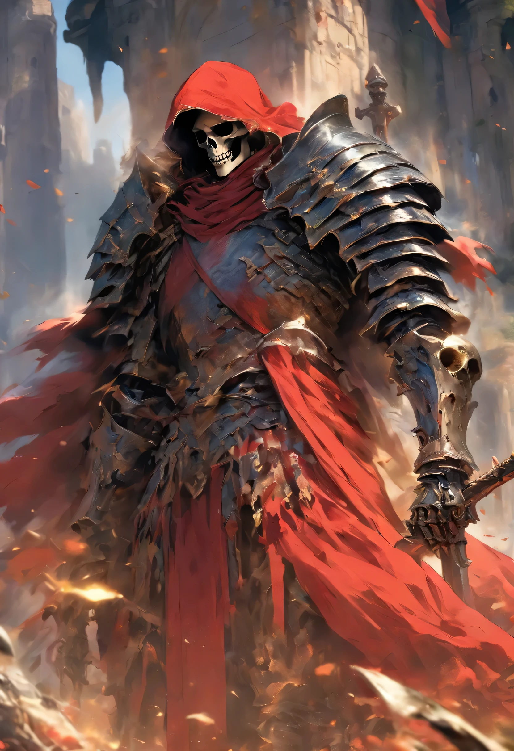 Craft a hyper-realistic portrayal of a skeleton knight draped in a striking red cloak, standing amidst a landscape of rugged terrain. Render every fold and texture of the fabric with meticulous detail, capturing the interplay of light and shadow as it cascades over the knight's form. The armor should gleam with a lustrous sheen, reflecting the surrounding environment with stunning clarity. Incorporate subtle imperfections and weathering to add depth and authenticity to the scene, immersing the viewer in a world where every scratch and scuff tells a story of battles fought and victories won. This hyper-realistic depiction should transport viewers to a realm where the line between fantasy and reality blurs, leaving them in awe of the knight's strength and presenc