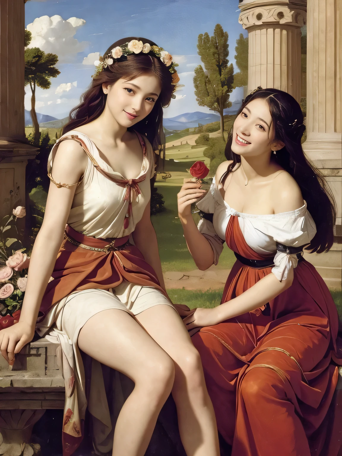 full body portrait or statue、Giorgione painting style,Arguments of two female Philosophe,math、astronomical machine、astronaut、roses in vase、fruits、Cute trinkets、smile、ancient greek costume、Ancient Roman landscape in the style of Nicolas Poussin,laughter,,Sweet and seductive appearance.、Caravaggio's paintings、Chiaroscuro of Caravaggio、hair tousled by the wind,Two women frolicking,cute smile, expression of ecstasy,Sexy,erotic