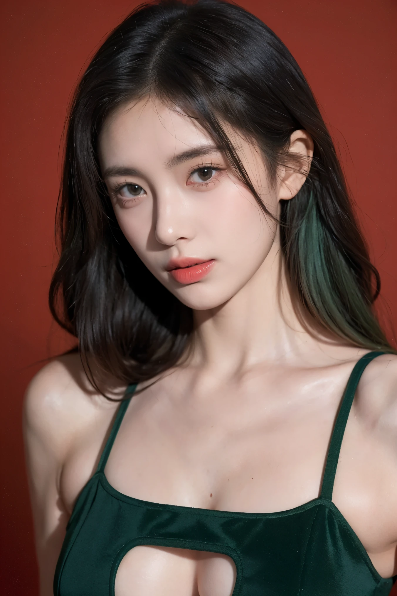 21 year old girl, Green hair, red background,