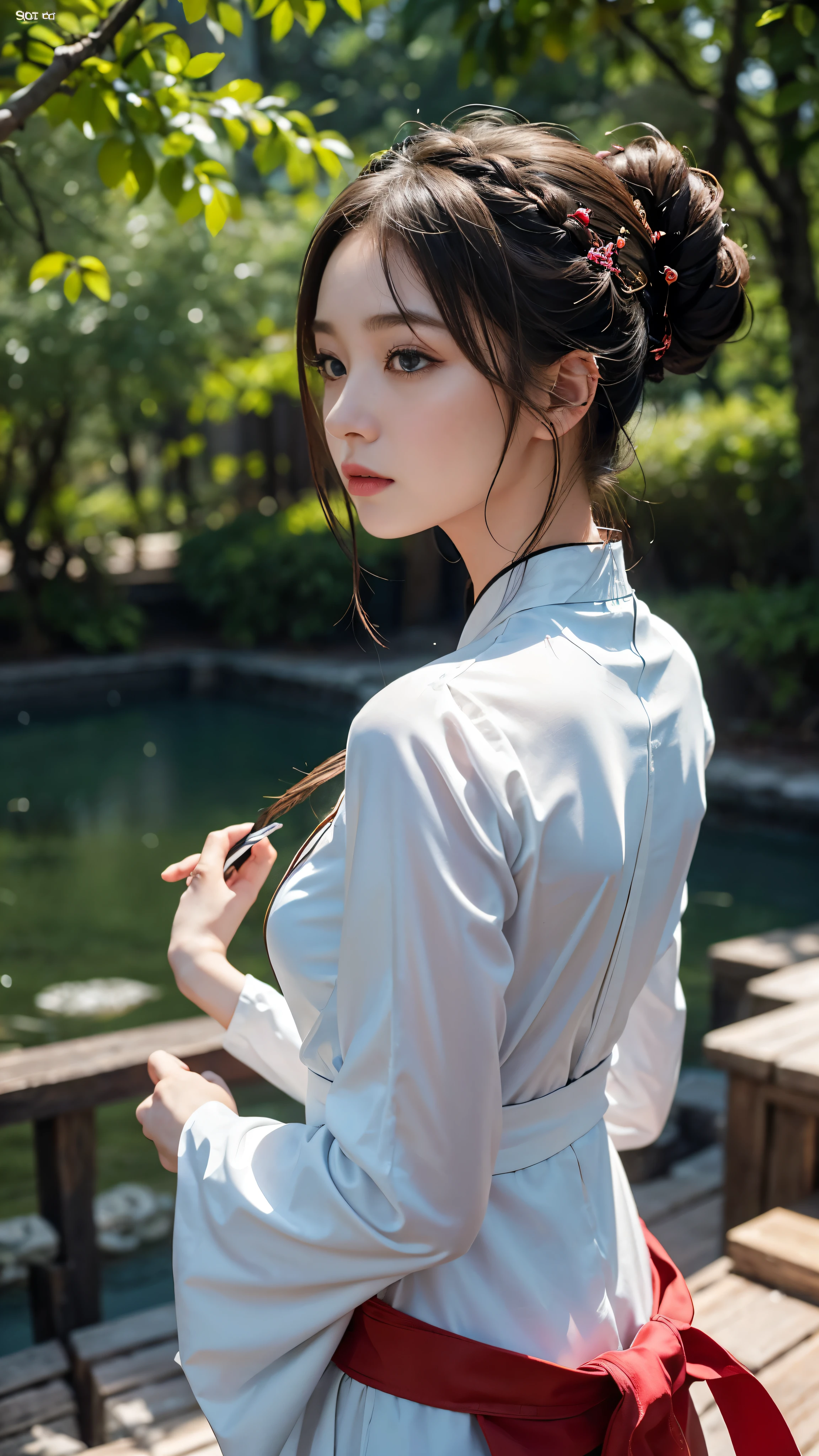 highest quality、masterpiece、High resolution(1.4)、Wuxia 1girl, dressed in an exquisite China dress,、It revealed her super gorgeous face adorned with subtle makeup and a serene look.。Long flowing hair cascading down her back、Sparkling in the sunlight、It caught the attention of onlookers。A moment of silence before the action begins、Her gorgeous eyes reflected determination and focus.。She wore her hair elegantly in a high bun.、Her hair was held in place with intricately braided hairpins.。With a swift and deft movement she drew her sword.、Get ready for some electrifying kung fu combat。China dress