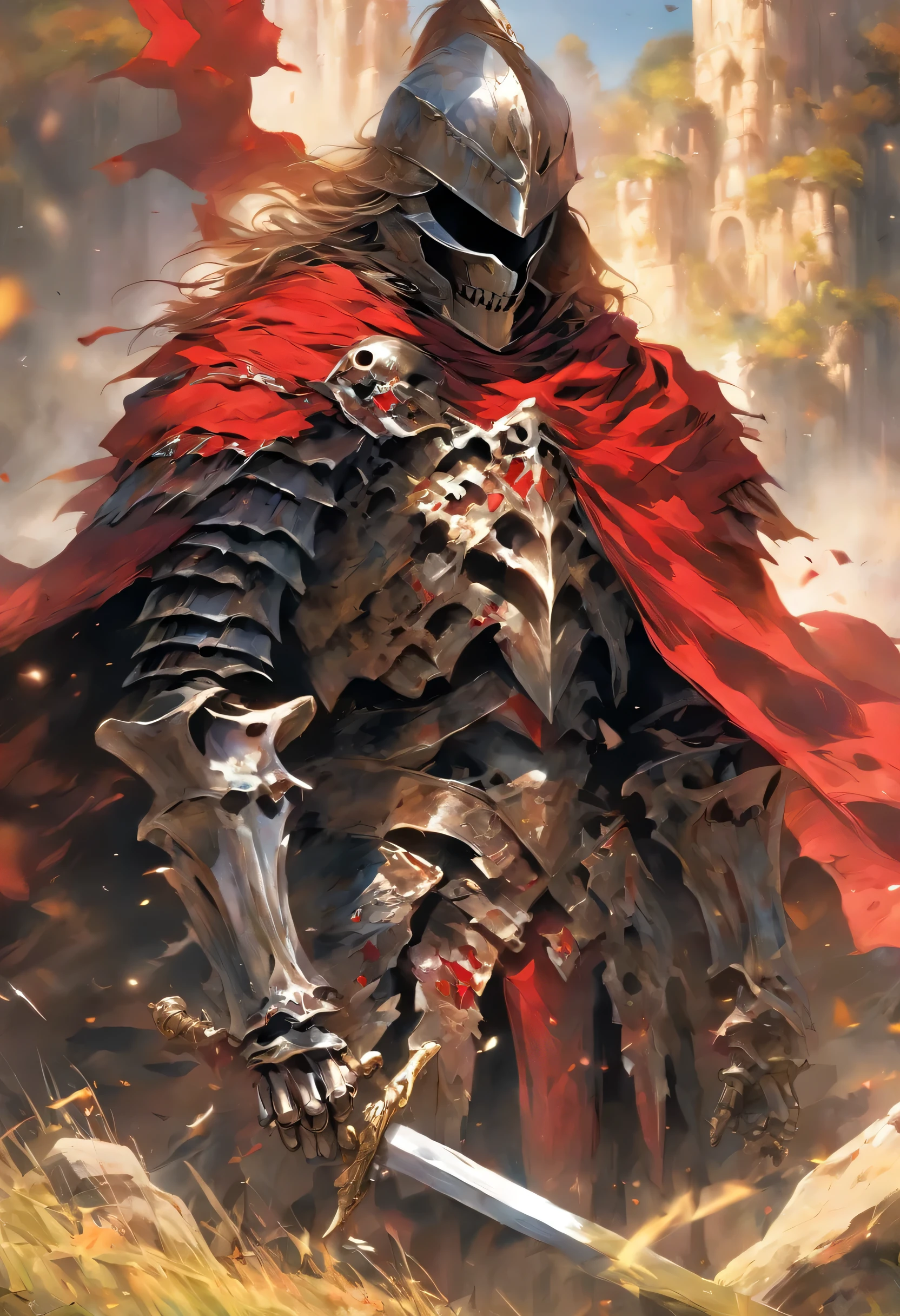Craft a hyper-realistic portrayal of a skeleton knight draped in a striking red cloak, standing amidst a landscape of rugged terrain. Render every fold and texture of the fabric with meticulous detail, capturing the interplay of light and shadow as it cascades over the knight's form. The armor should gleam with a lustrous sheen, reflecting the surrounding environment with stunning clarity. Incorporate subtle imperfections and weathering to add depth and authenticity to the scene, immersing the viewer in a world where every scratch and scuff tells a story of battles fought and victories won. This hyper-realistic depiction should transport viewers to a realm where the line between fantasy and reality blurs, leaving them in awe of the knight's strength and presenc