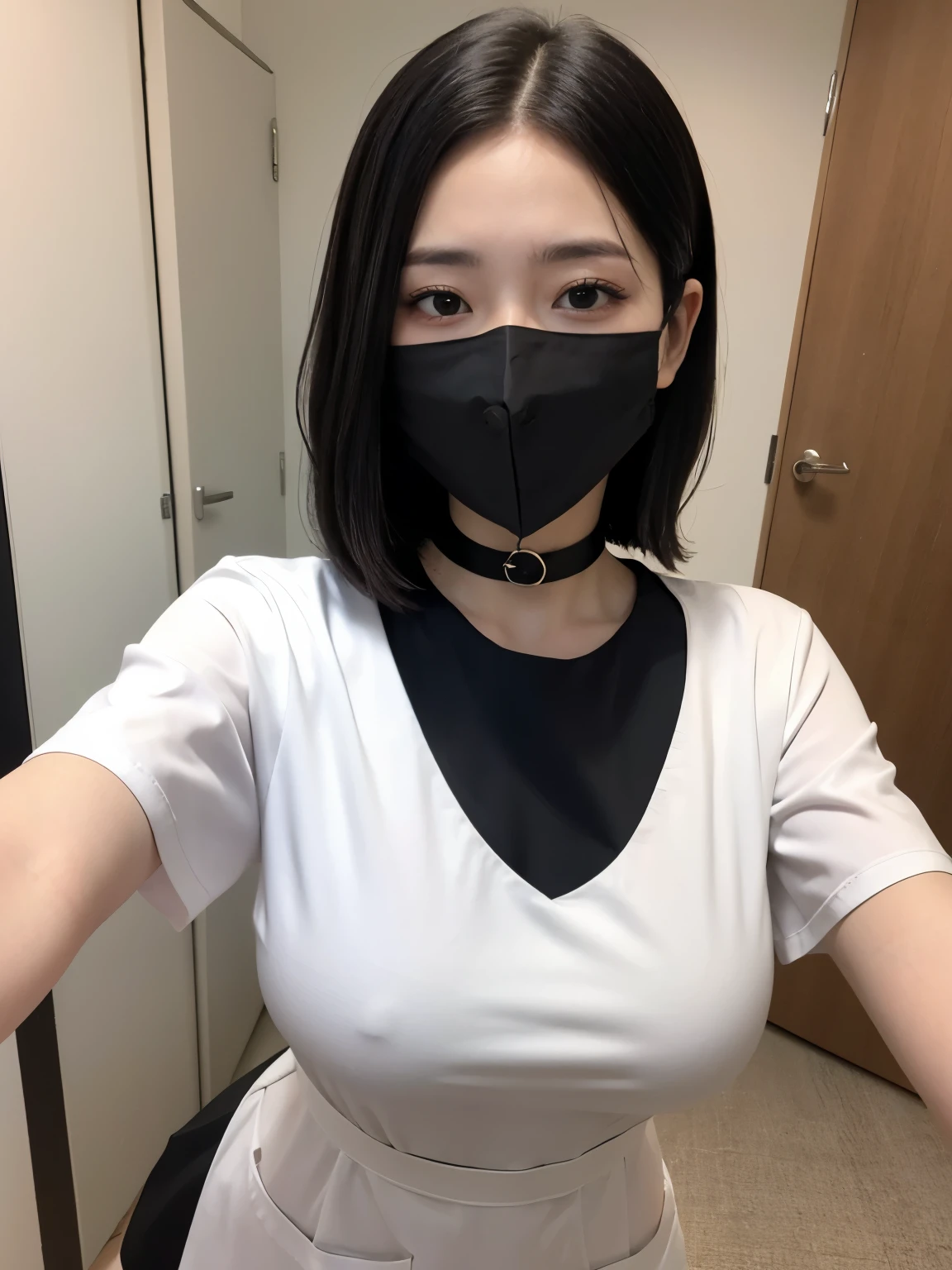 arafed woman in a black shirt and a white mask, wearing mask, wearing a mask, wearing facemask, one single mask, no face mask, surgical mask covering mouth, medical mask, mask, wearing collar, wearing all black mempo mask, masking, facemask, face mask, 8k)), huge breasts、white mask, wearing collar on neck, partially masked、((black calf length dress))