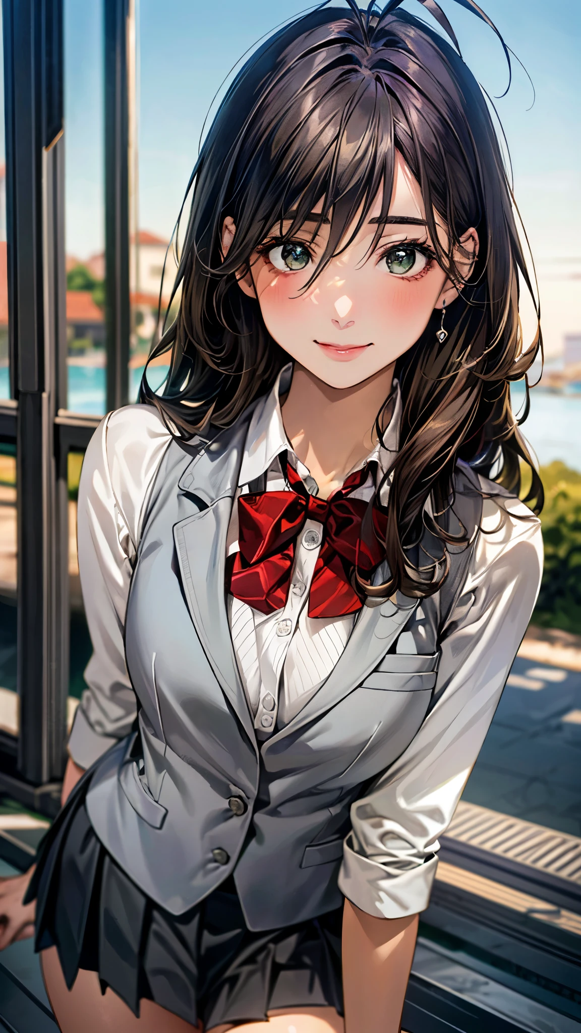 (masterpiece:1.3, top-quality, ultra high res, ultra detailed), (realistic, photorealistic:1.4), beautiful illustration, perfect lighting, natural lighting, colorful, depth of fields, surrealism,
beautiful detailed hair, beautiful detailed face, beautiful detailed eyes, beautiful clavicle, beautiful body, beautiful chest, beautiful thigh, beautiful legs, beautiful fingers, 
looking at viewer, 1 girl, japanese, high school girl, (perfect anatomy, anatomically correct), cute and symmetrical face, face, perfect face, perfect eyes, shiny skin, slender, 
(long hair:1.7, wavy hair:0.8, antenna hair, brown hair), hair between eyes, emerald green eyes, long eye lasher, (large breasts:0.8, seductive thighs), 
((blue gray long sleeve blazer, light gray vest , light gray box pleated skirt, red bow tie)), 
(beautiful scenery), summer, evening, (school), waving right hand, (lovely smile, upper eyes),