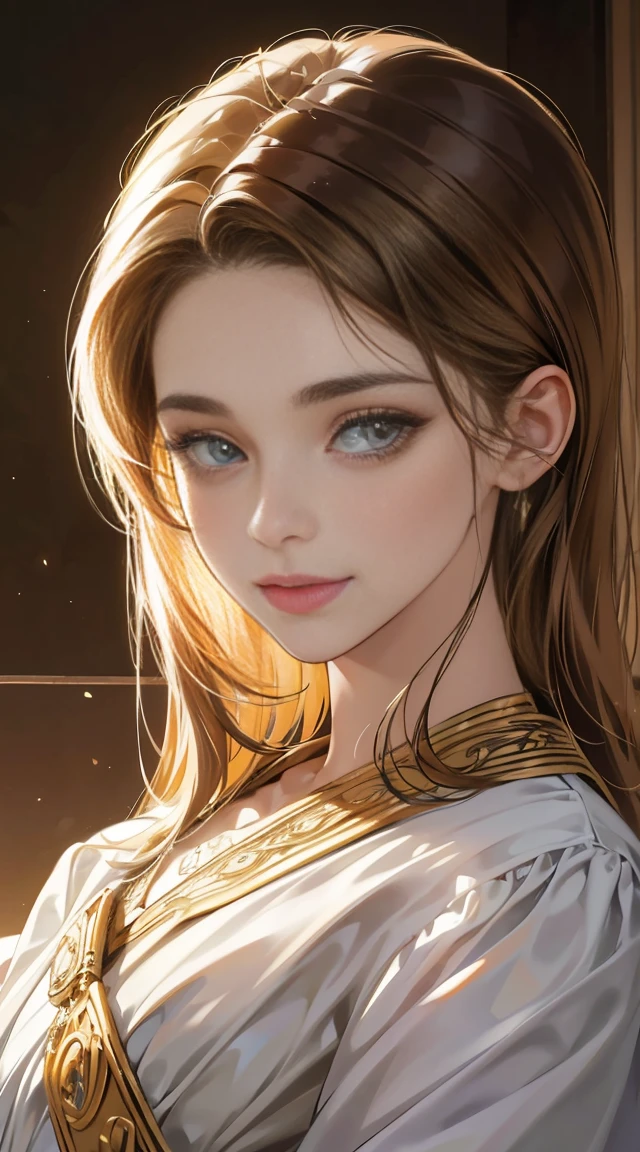 "Melhor qualidade,8k,obra de arte,HDR,soft lighting,imagem perfeita,digital illustration,Arte em quadrinhos,photorealista,detalhado,Linha Perfeita,realista,retrato" homem bonito, cabelo loiro com brilho dourado, olhos azuis profundos, Roupas sofisticadas (Principe, postura confiante, Sorriso gentil), (fundo preto brilhante dourado, borrado)