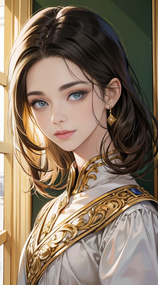 "Melhor qualidade,8k,obra de arte,HDR,soft lighting,imagem perfeita,digital illustration,Arte em quadrinhos,photorealista,detalhado,Linha Perfeita,realista,retrato" homem bonito, cabelo loiro com brilho dourado, olhos azuis profundos, Roupas sofisticadas (Principe, postura confiante, Sorriso gentil), (fundo preto brilhante dourado, borrado)