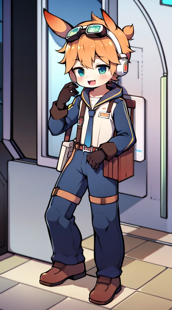 2D Boy Shota，One-piece mountaineering suit，Slim, healthy body，Put the headphones on your head，stand up，goggles，Rabbit ears，happy，sailor collar，tie
