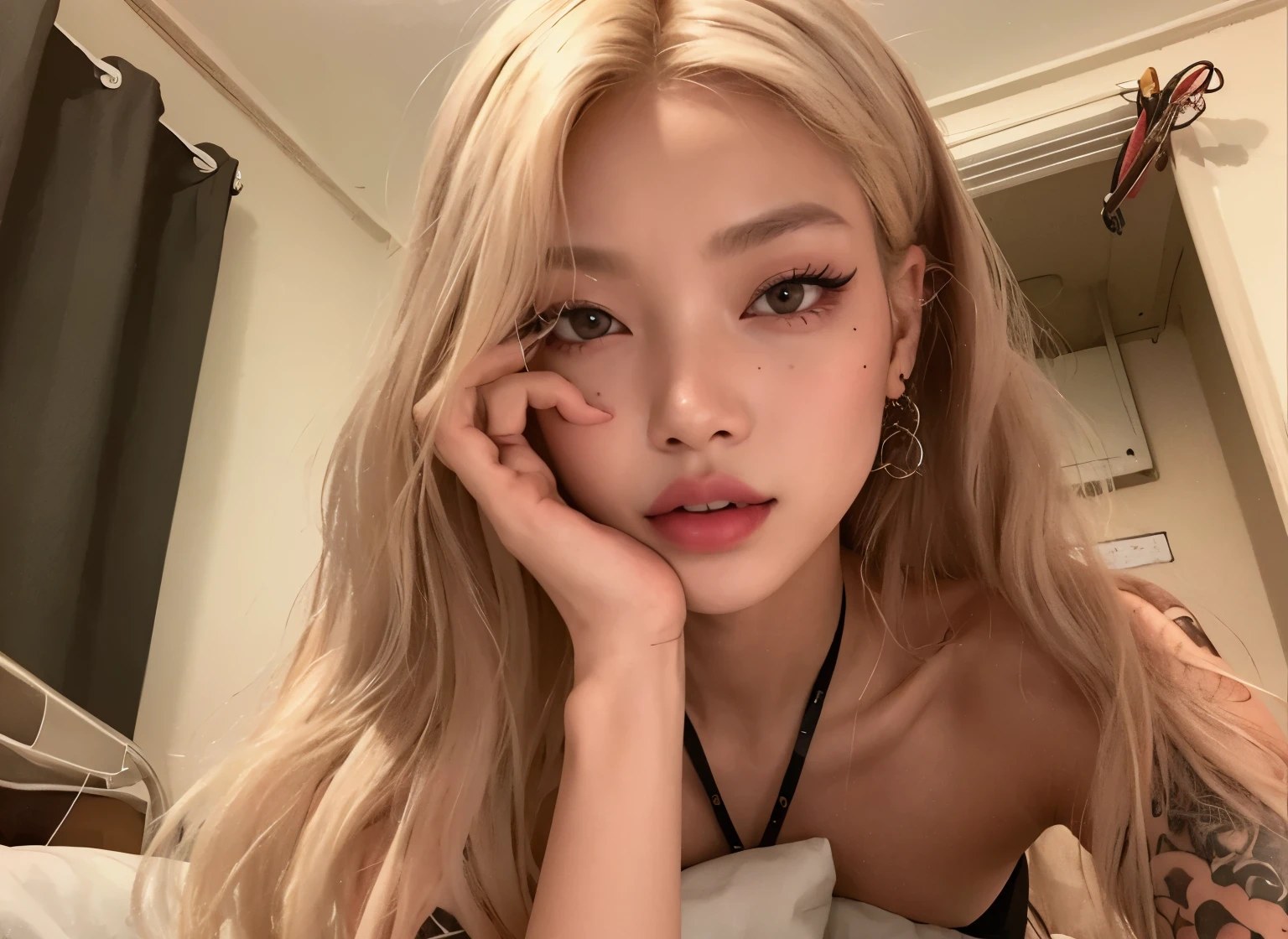 blonde with tattoos on arms and chest, deitada em uma cama, Parque Roseanne do Blackpink, jossi do blackpink, Retrato de Jossi do Blackpink, coreana, Ulzzang, cruel korean goth girl, maquiagem sul-coreana popular, jaeyeon nam, Jennie blackpink, com cabelos longos e olhos penetrantes, tumblr, com rosto redondo, Mulher sul-coreana bonita