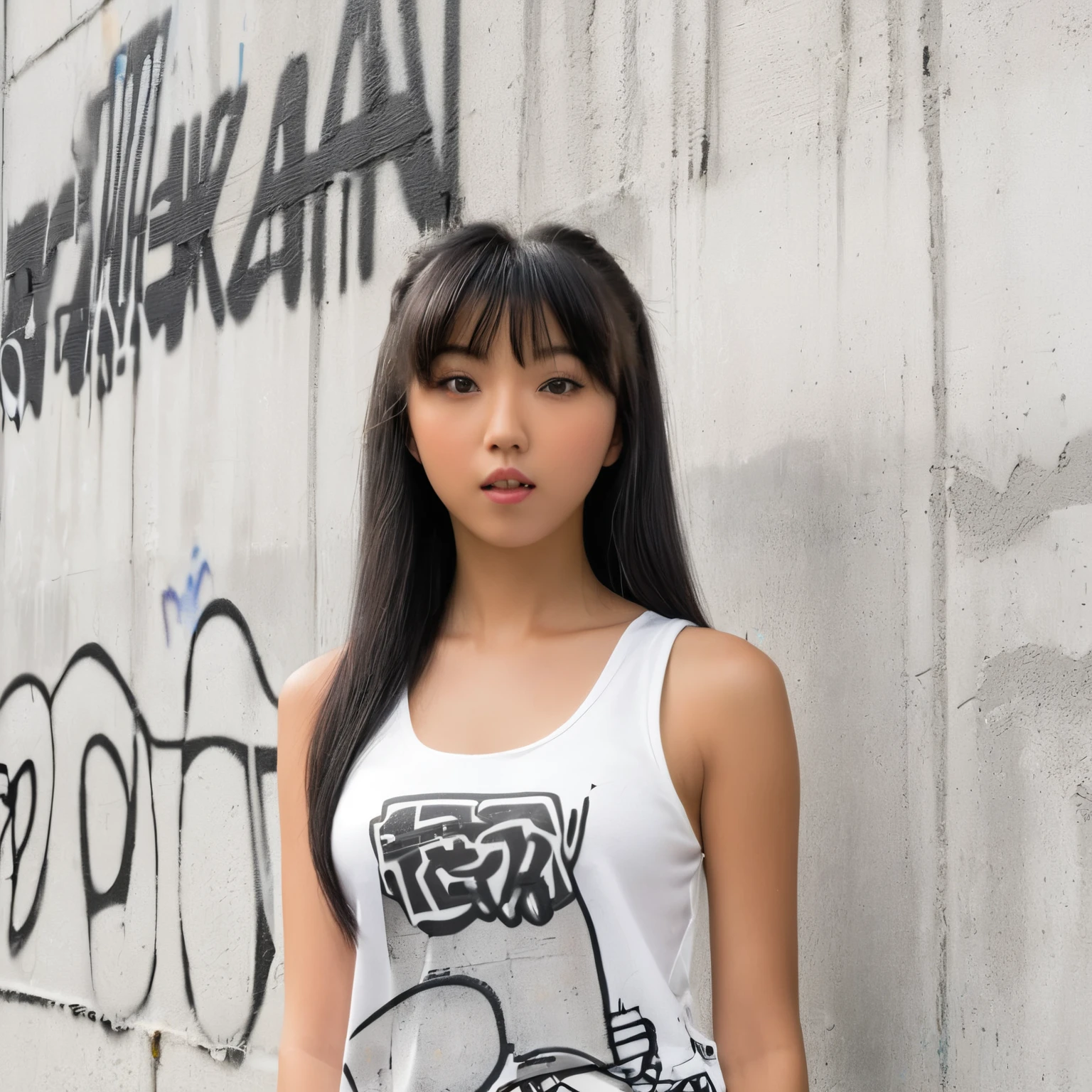 (high resolution, ultra-detailed, photorealistic), ((selfie:1.4)) of 1girl, sjang, long straight black hair with bangs, plain white tanktop, background: gray concrete wall with graffiti, realistic face, accurate, beautiful