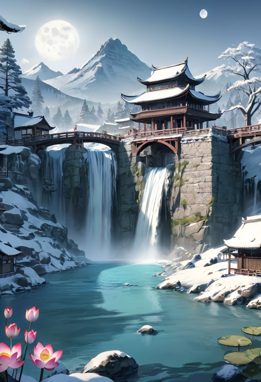 xinguofeng,Illustration,scenery\((no humans,snow,mountain,water,tree,waterfall,grassland,sky,landscape,bridge,(full moon,east asian architecture,winter,lotus,forest,lake,outdoors,waterfall):1.5\), masterpiece,best quality,unreal engine 5 rendering,movie light,movie lens,movie special effects,detailed details,HDR,UHD,8K,CG wallpaper