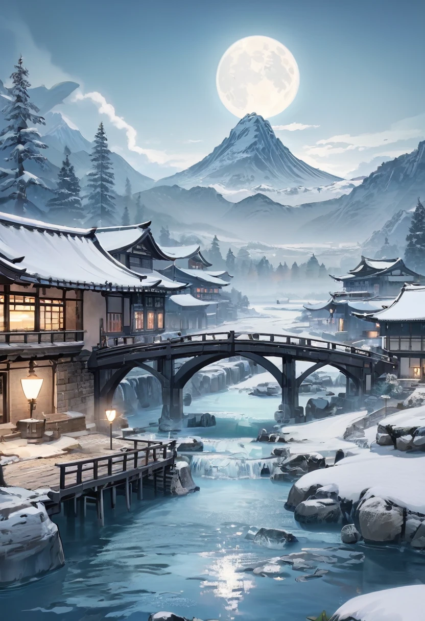 xinguofeng,Illustration,scenery\((no humans,snow,mountain,water,tree,waterfall,grassland,sky,landscape,bridge,(full moon,east asian architecture,winter,lotus,forest,lake,outdoors,waterfall):1.5\), masterpiece,best quality,unreal engine 5 rendering,movie light,movie lens,movie special effects,detailed details,HDR,UHD,8K,CG wallpaper