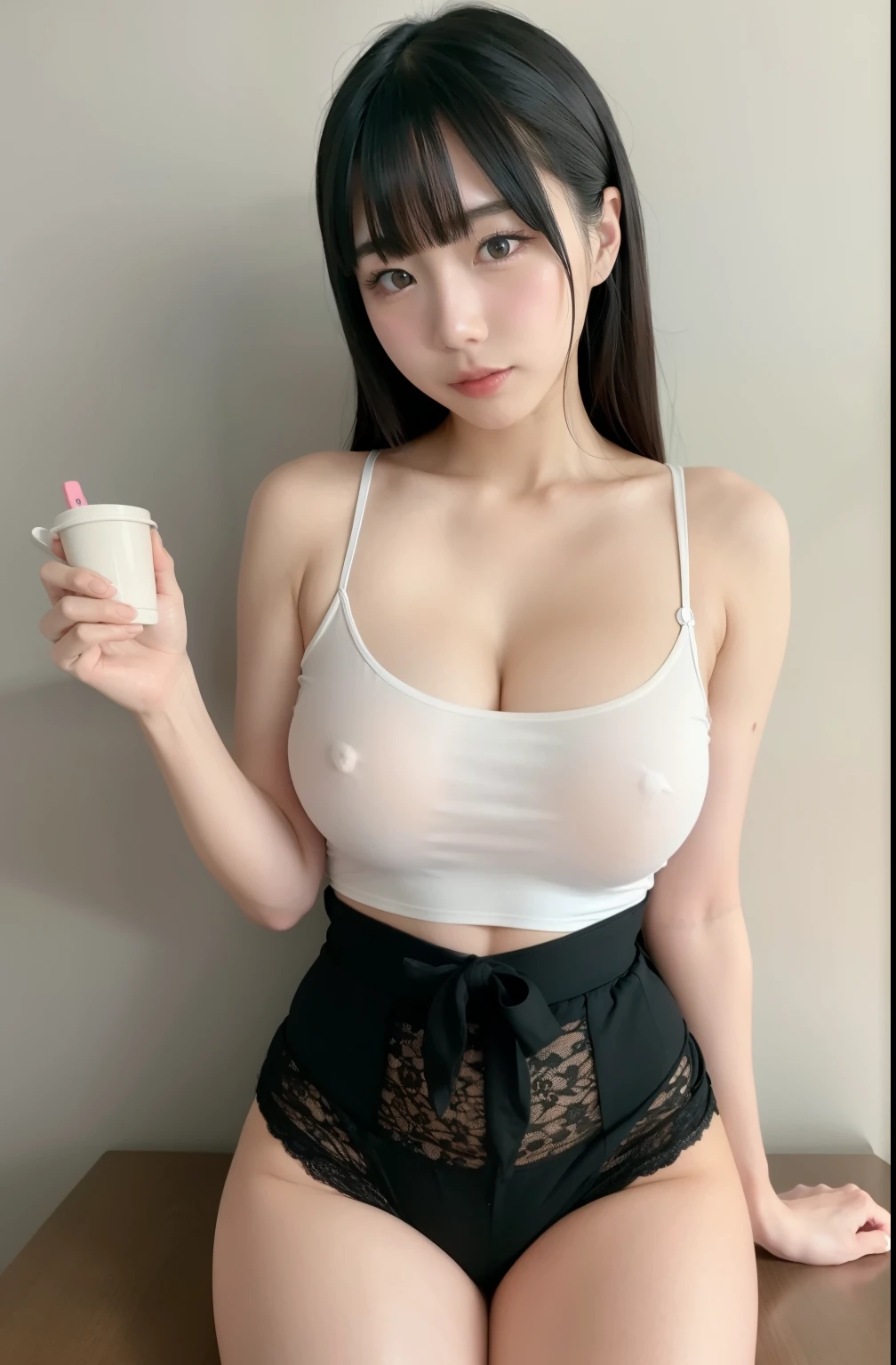 real Japanese waifu girl , kawaii, 
photo  wearing a transparent tee, big breasts,nipple patch, detailed ,  high resolution intricate details deep details,full hd, porcelain skin , front on camera, full body,  slip,