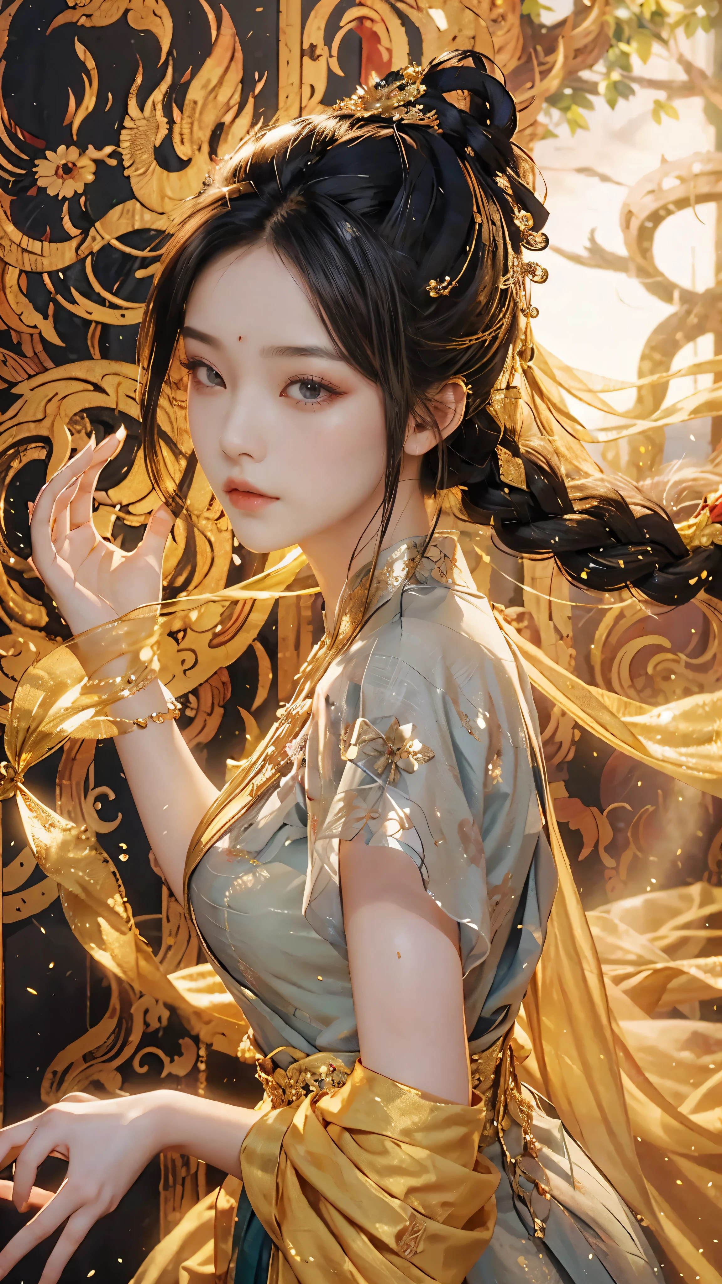 highest quality masterpiece (1.4), highest resolution,

A stunning wuxia girl, enveloped in a breathtaking China dress, stood before the crowd,
Her exquisite face shone with inner radiance, adorned subtly with enhancements,
Long flowing hair cascaded down her back, sparkling in the sunlight, capturing all eyes,
A moment of serenity before the battle commenced, her eyes reflecting determination and unwavering focus,

She elegantly styled her hair in a high, intricately braided bun,
Holding it in place with expertly woven hairpins,
With a graceful and swift movement