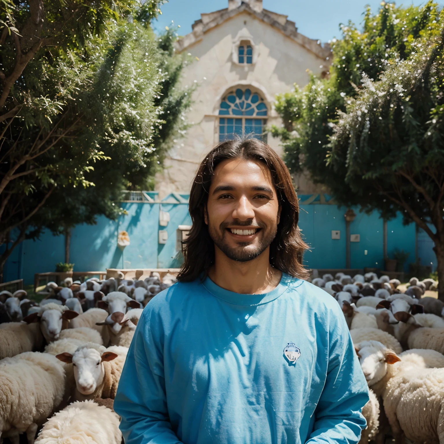 Duseu Pixar Jesus, un pastorcito animado con una sonrisa amable, surrounded by a flock of happy sheep.El paisaje muestra colinas verdes y exuberantes bajo un cielo azul brillante.