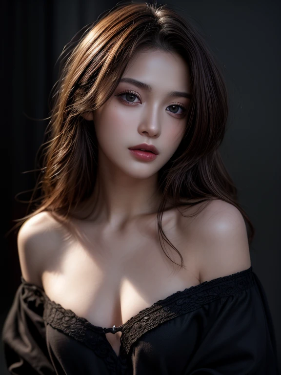 highest quality, masterpiece, ultra high resolution, (realistic:1.5), Raw photo, 1 girl, (off shoulder, in the dark, deep shadow), private key, cold light, sexy look, small breasts
