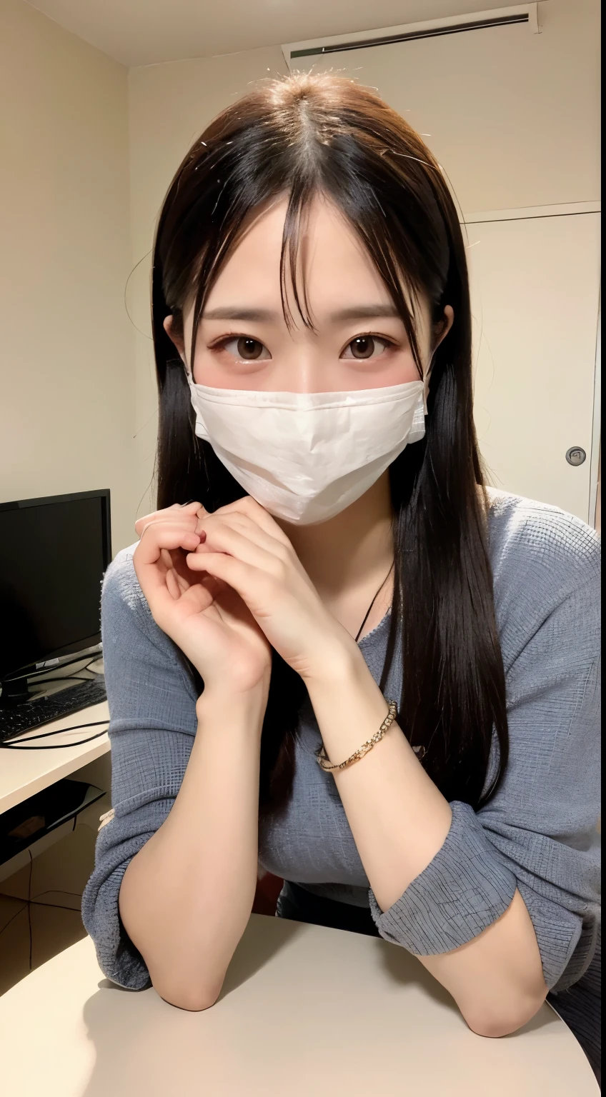 A charming and cozy chat room, small in size but rich in details, featuring a high-quality computer setup, a professional microphone, and sophisticated lighting. The room is occupied by an alluring woman in her mid-20s, characterized by her long, beautiful hair and a white face mask, adding a contemporary and mysterious allure to her appearance. The mask hints at her awareness and adaptation to modern needs. The overall scene is to be captured in the highest quality and resolution, aiming for a masterpiece-like finish (1.3). The ambiance of the room is warm and inviting, perfect for engaging online conversations and interactions