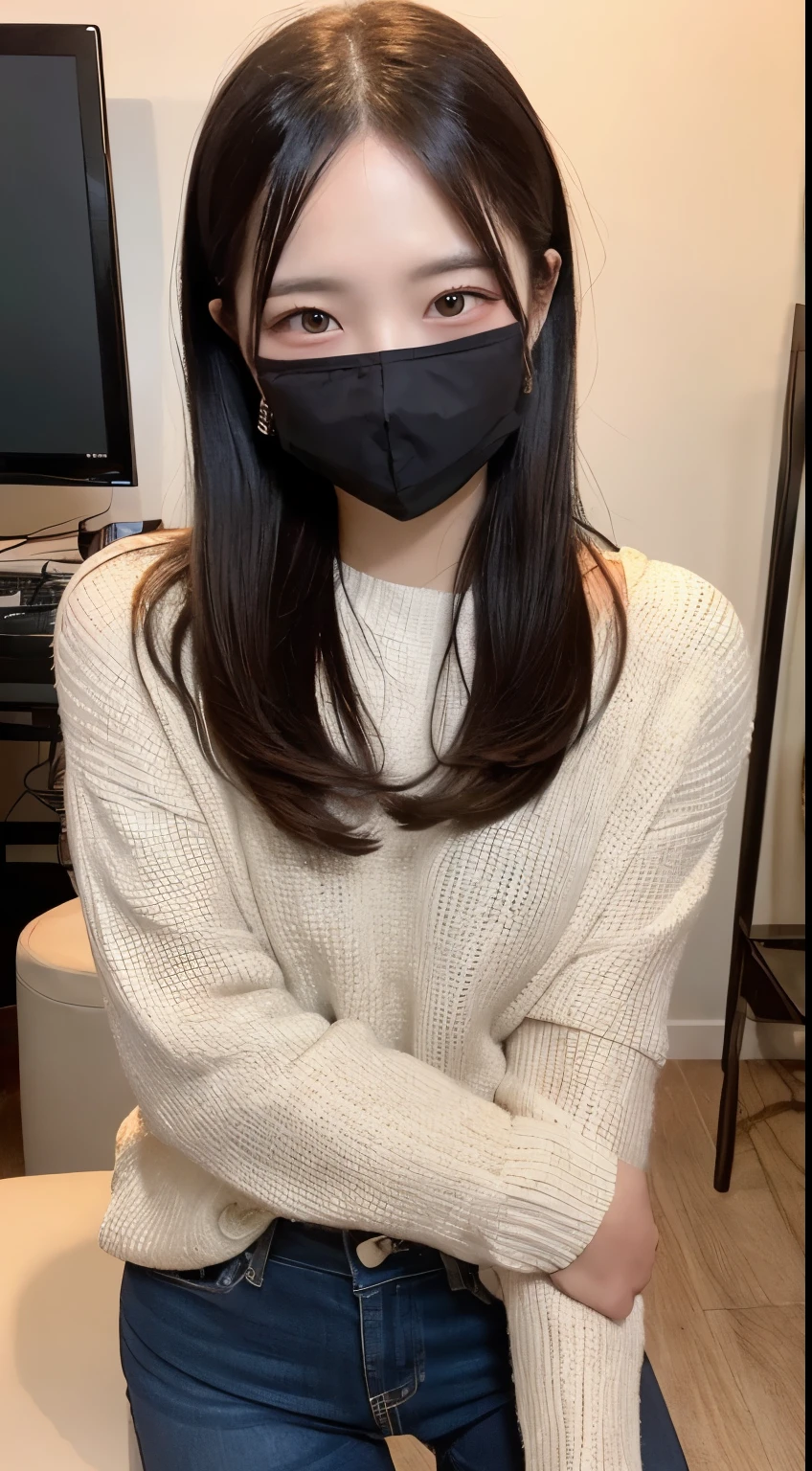 A charming and cozy chat room, small in size but rich in details, featuring a high-quality computer setup, a professional microphone, and sophisticated lighting. The room is occupied by an alluring woman in her mid-20s, characterized by her long, beautiful hair and a white face mask, adding a contemporary and mysterious allure to her appearance. The mask hints at her awareness and adaptation to modern needs. The overall scene is to be captured in the highest quality and resolution, aiming for a masterpiece-like finish (1.3). The ambiance of the room is warm and inviting, perfect for engaging online conversations and interactions