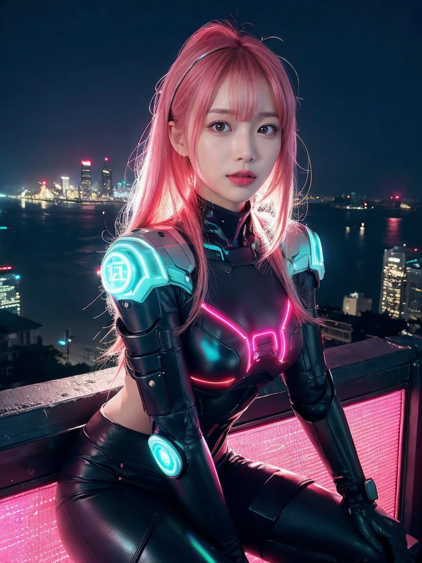 (8K, top-quality, masutepiece:1,2), (reallistic, Photorealsitic:1.37), Super Detail, One girl,), (Highly detailed), (beautifully detailed eyes), (of the highest quality), (super detailed ), (masutepiece), (Detailed face),20yr old, full body, 1girl, meduim breasts, Hyper-realistic, High quality, 8K, High quality, Beautiful fine eyes, The highest image quality, Adult face, From head to thigh, Cyber suit, Futuristic appearance, Sleek design, High-tech fabric, Neon accents, Fitted bodysuit, Futuristic hairstyle, Glowing elements, Cyberpunk atmosphere, Technologically advanced, Detailed cyber enhancements, Luminous eyes, Sci-fi setting, Shimmering effects, Cool cyber accessories, Dynamic pose, Powerful stance, Cybernetic enhancements, Futuristic makeup, Urban backdrop, Reflective surfaces, Holographic display, Synthetic skin texture, Detailed body contours, Sweat effects, Futuristic body fluids, Realistic perspiration, High-quality rendering, (pink hair, long hair)