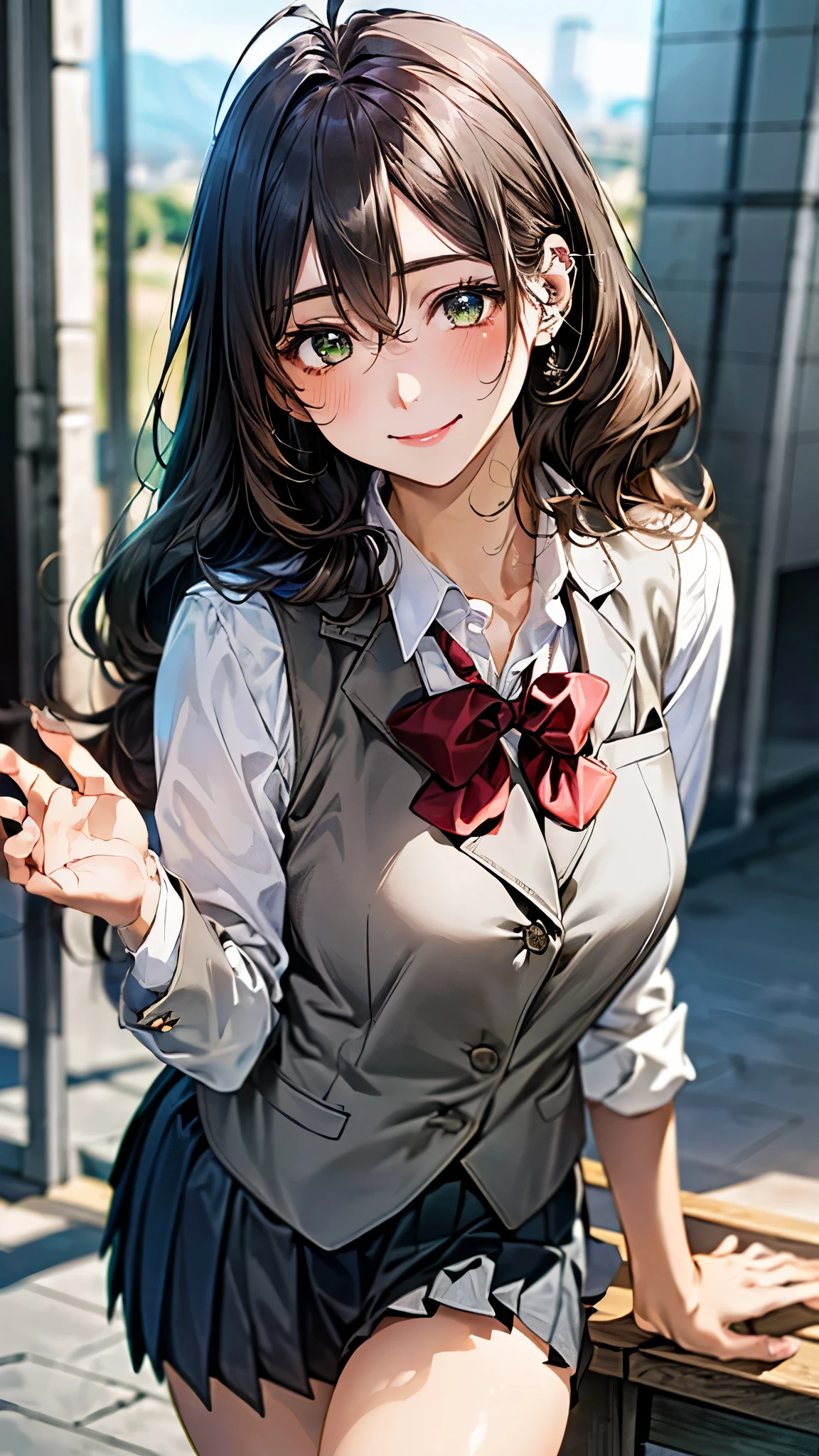 (masterpiece:1.3, top-quality, ultra high res, ultra detailed), (realistic, photorealistic:1.4), beautiful illustration, perfect lighting, natural lighting, colorful, depth of fields, surrealism,
beautiful detailed hair, beautiful detailed face, beautiful detailed eyes, beautiful clavicle, beautiful body, beautiful chest, beautiful thigh, beautiful legs, beautiful fingers,
looking at viewer, 1 girl, japanese, high school girl, (perfect anatomy, anatomically correct), cute and symmetrical face, face, perfect face, perfect eyes, shiny skin, slender,
(long hair:1.7, wavy hair:0.8, antenna hair, brown hair), hair between eyes, emerald green eyes, long eye lasher, (large breasts:0.8, seductive thighs),
((blue gray long sleeve blazer, light gray vest with button, light gray box pleated skirt, red bow tie)),
(beautiful scenery), summer, evening, (school), waving right hand, extremely sexy, (lovely smile, upper eyes),