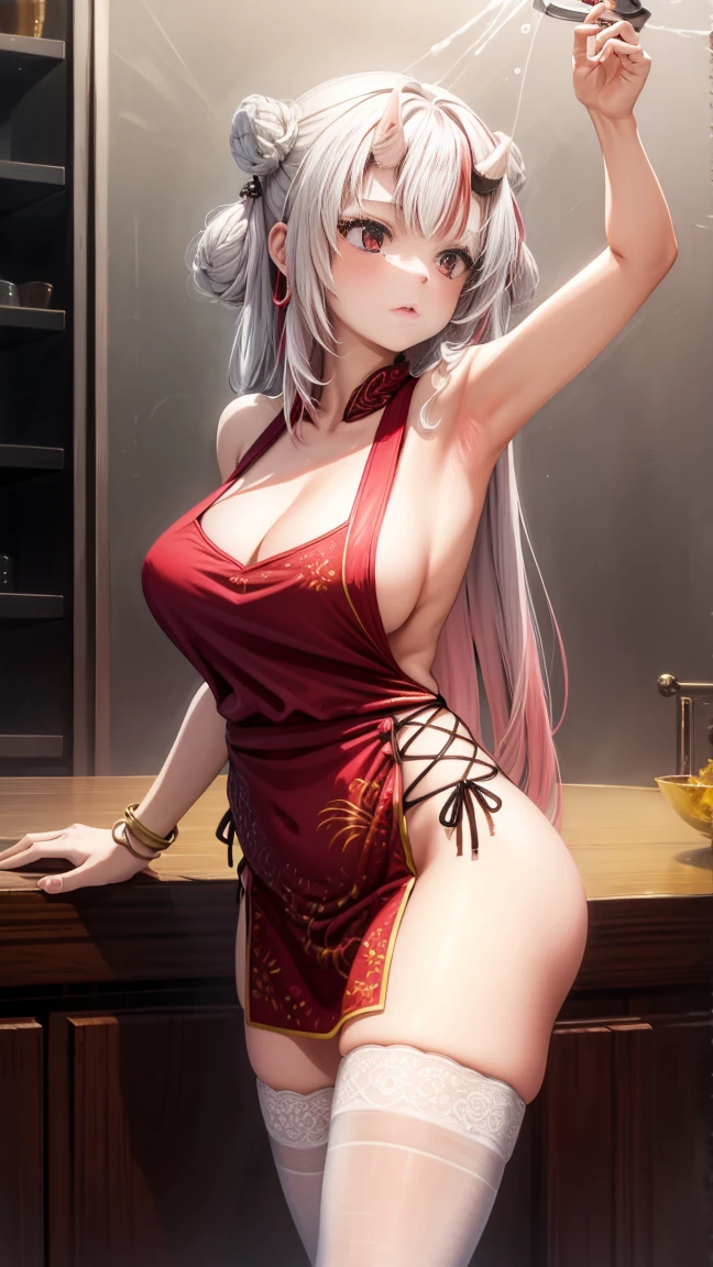 A masterpiece with highly detailed and high-resolution image quality, showcasing the beauty of a girl in a kitchen. She is dressed in a jelofolkwang attire, wearing a naked apron over a delicate and elegant white apron. The composition emphasizes her alluring features, with a slight tease of sideboob and a glimpse of unclear clothes that add intrigue to the scene. The focus shifts to her white pantie, highlighting her sensual charm. Her body is flawlessly sculpted, with a perfectly proportioned silhouette and a salon-like appearance. As the image unfolds, she sensually takes off her pantie, revealing her alluring legwear and a hand pantie. Her perfect breasts are captivating, complementing her enchanting face and slightly curved body. The lighting gracefully accentuates her every curve, creating a visually stunning and seductive artwork.