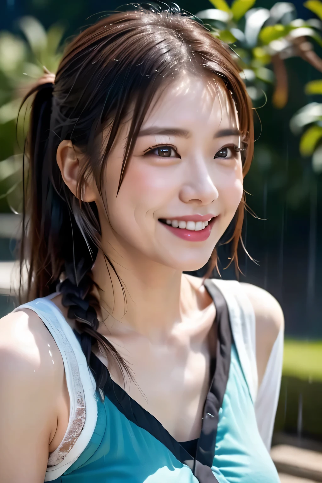 (((Expressing happiness through facial expressions:1.3))).(((A woman soaking wet in heavy rain:1/3))),bright smile, A round face full of kindness, very beautiful woman, sheer shirt, Short white soaked cargo pants,
(reddish brown wet shiny hair),(Intricate braids and beaded twisted ponytail buns,Braided setup fishbone hair,),(see through bang),,cheeks turn red,pointed red mouth,big breasts,Emphasize the chest,Perfect body curves,beautiful clavicle,wet hair,wet face,wet body,wet skin,wet costume,Detailed clothing features,Detailed hair features,detailed facial features,look at camera,(dynamic angle),(dynamic and sexy pose),cinematic light,(muste piece,highest quality,Ultra-high resolution output images,Depth of the bounds written,intricate details,Make the subject three-dimensional with the contrast of light and shadow,) ,Digital single-lens reflex camera, (Photoreal:1.3),(8K quality,Anatomically correct facial structure,),(sea art 2 mode:1.3),(Image Mode Ultra HD,)