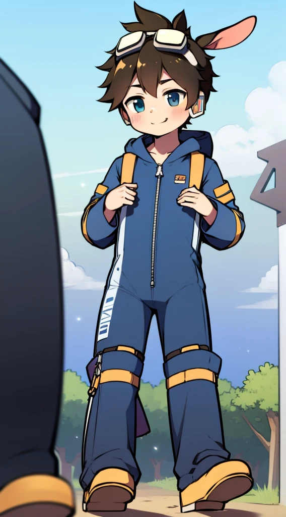 2D Boy Shota，One-piece mountaineering suit，Slim, healthy body，Put the headphones on your head，stand up，goggles，Rabbit ears，happy，sailor collar，tie，zipper，short sleeves