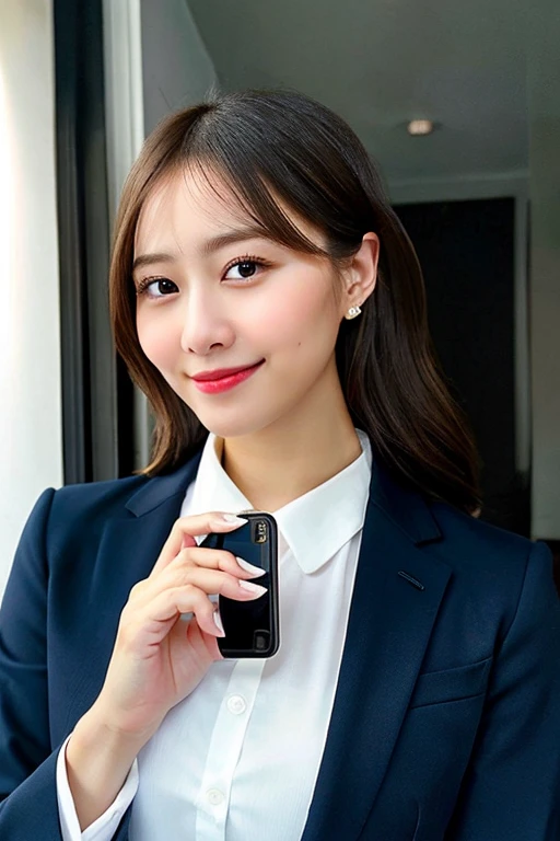 highest quality, shape, Super detailed, finely, High resolution, 8k wallpaper, ((I have a smartphone)), 完璧なダイナミックな構shape, beautiful and detailed eyes, dark blue suit, chignon, half up, small breasts, natural color lip, smile、indoor、20 year old girl、cute、taken from camera'point of view,perfect and beautiful face,blur the background, ((holding a smartphone)),