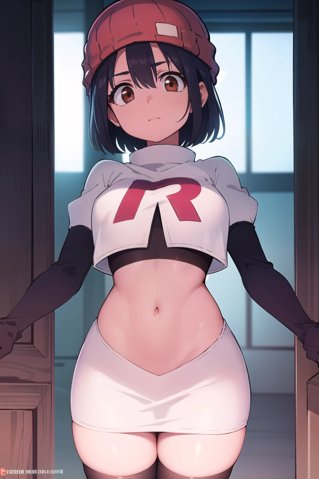 fuukoizumo, fuuko izumo, black hair, hair between eyes, (brown eyes:1.5), short hair,
BREAK team rocket,team rocket uniform, red letter R, white skirt,white crop top,black thigh-highs,black elbow gloves, beanie, (red beanie:1.2),
BREAK looking at viewer, (cowboy shot:1.5),
BREAK (masterpiece:1.2), best quality, high resolution, unity 8k wallpaper, (illustration:0.8), (beautiful detailed eyes:1.6), extremely detailed face, perfect lighting, extremely detailed CG, (perfect hands, perfect anatomy),