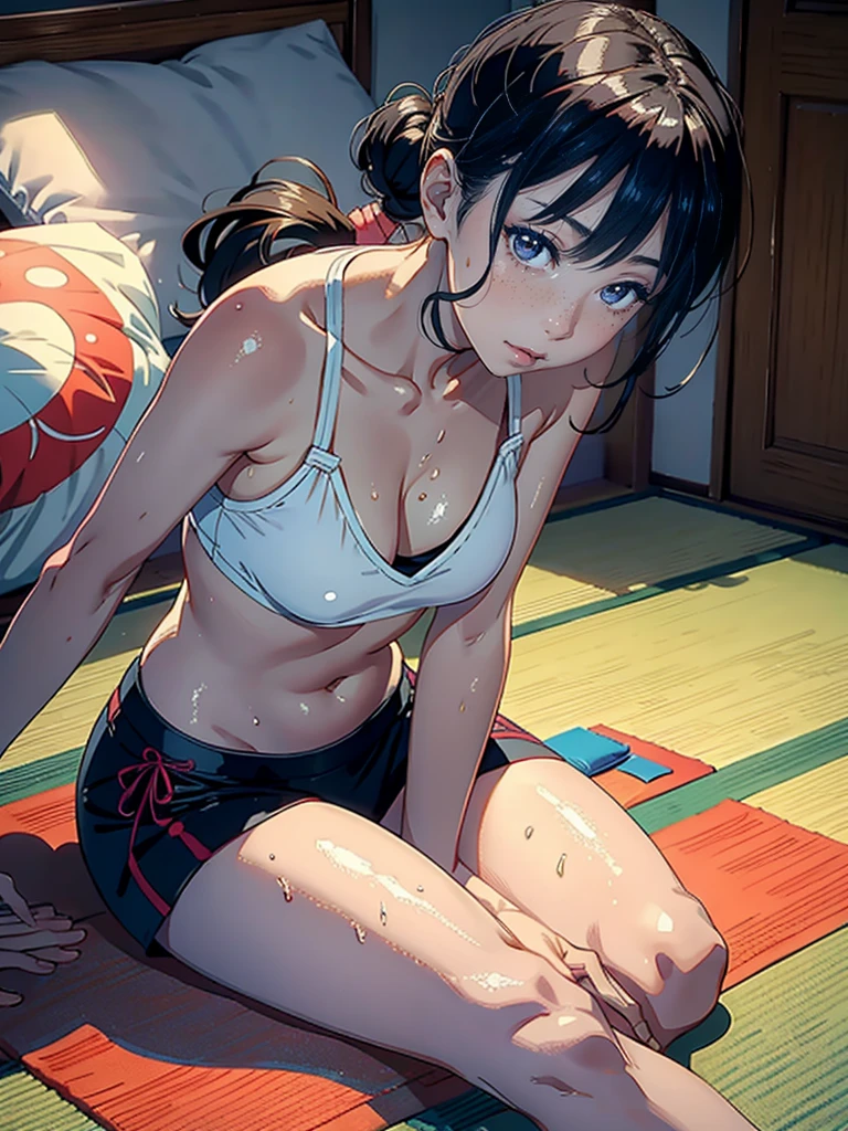 Japanese-style house,on the futon, play sports often, beautiful and detailed face,Sitting on a colorful yoga mat,白い下着を着たアラフィフの日本people女性, 日本people女性1people, realistic young gravure idol, Yoshitomo Nara, Chiho, 8K)), young sensual gravure idol, Glossy skin that looks wet!!, shiny silver, Mole under left eye,Cute freckles on the cheeks,((beautiful skin)),((skin texture)),((Real Touch)),healthy, Ruddy, facing forward,forward bending posture,spread legs,Hair tied up with a rubber band,looking at camera,beautiful clavicle,
