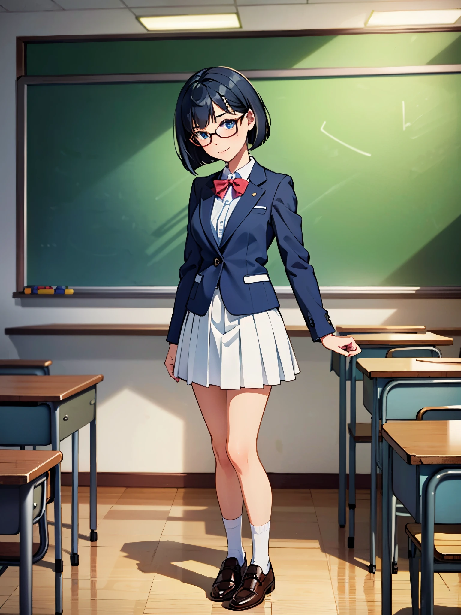 masterpiece, best quality, 1girl, solo, solo focus, brown shoes, matching shoes, white socks, matching socks, (blazer, blue blazer), (white skirt, pleated skirt, miniskirt), glasses (high school girl), standing, standing straight, school backdrop, dark blue hair, ((short hair, bob hair)), blue eyes, beautiful detailed eyes, beautiful detailed face, cute face, perfect hands, complete fingers, perfect anatomy, perfect proportions, relaxed, full body, cowboy shot, classroom