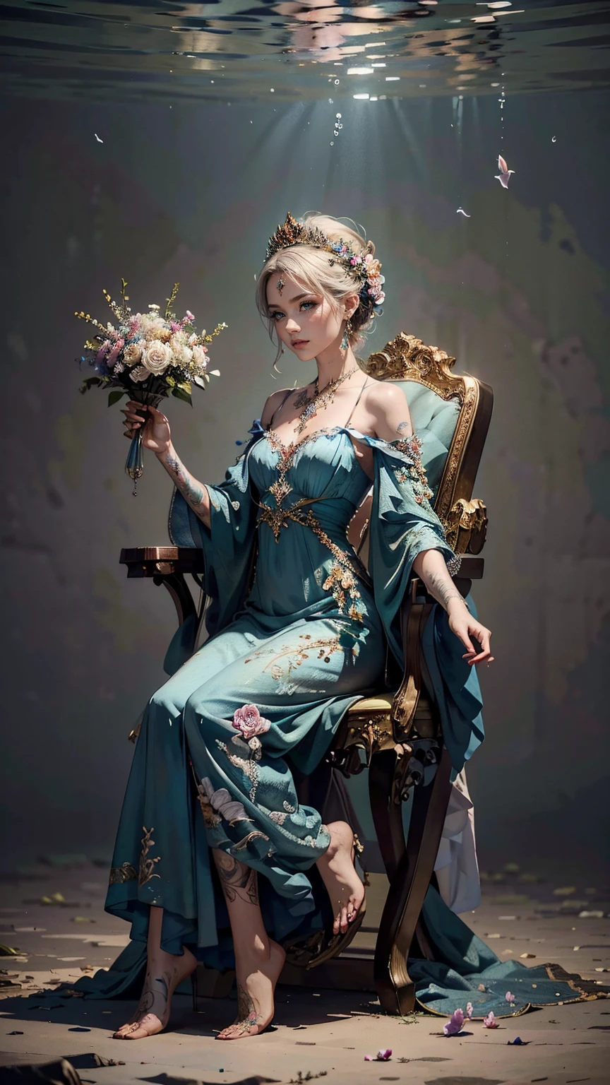 tattoo on body、There's a woman with flowers in her hands, album art, realism art, sitting on a throne underwater, art cover, realism art style, album, realistic art, official artwork, realism artstyle, music album art, Written by Adam Dario Kiel, realistic artwork, album art cover, official art, Lil Peep, inspired Written by Adam Dario Kiel