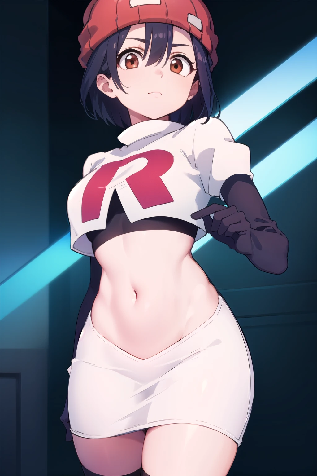 fuukoizumo, fuuko izumo, black hair, hair between eyes, (brown eyes:1.5), short hair,
BREAK team rocket,team rocket uniform, red letter R, white skirt,white crop top,black thigh-highs,black elbow gloves, beanie, (red beanie:1.2),
BREAK looking at viewer, (cowboy shot:1.5),
BREAK (masterpiece:1.2), best quality, high resolution, unity 8k wallpaper, (illustration:0.8), (beautiful detailed eyes:1.6), extremely detailed face, perfect lighting, extremely detailed CG, (perfect hands, perfect anatomy),