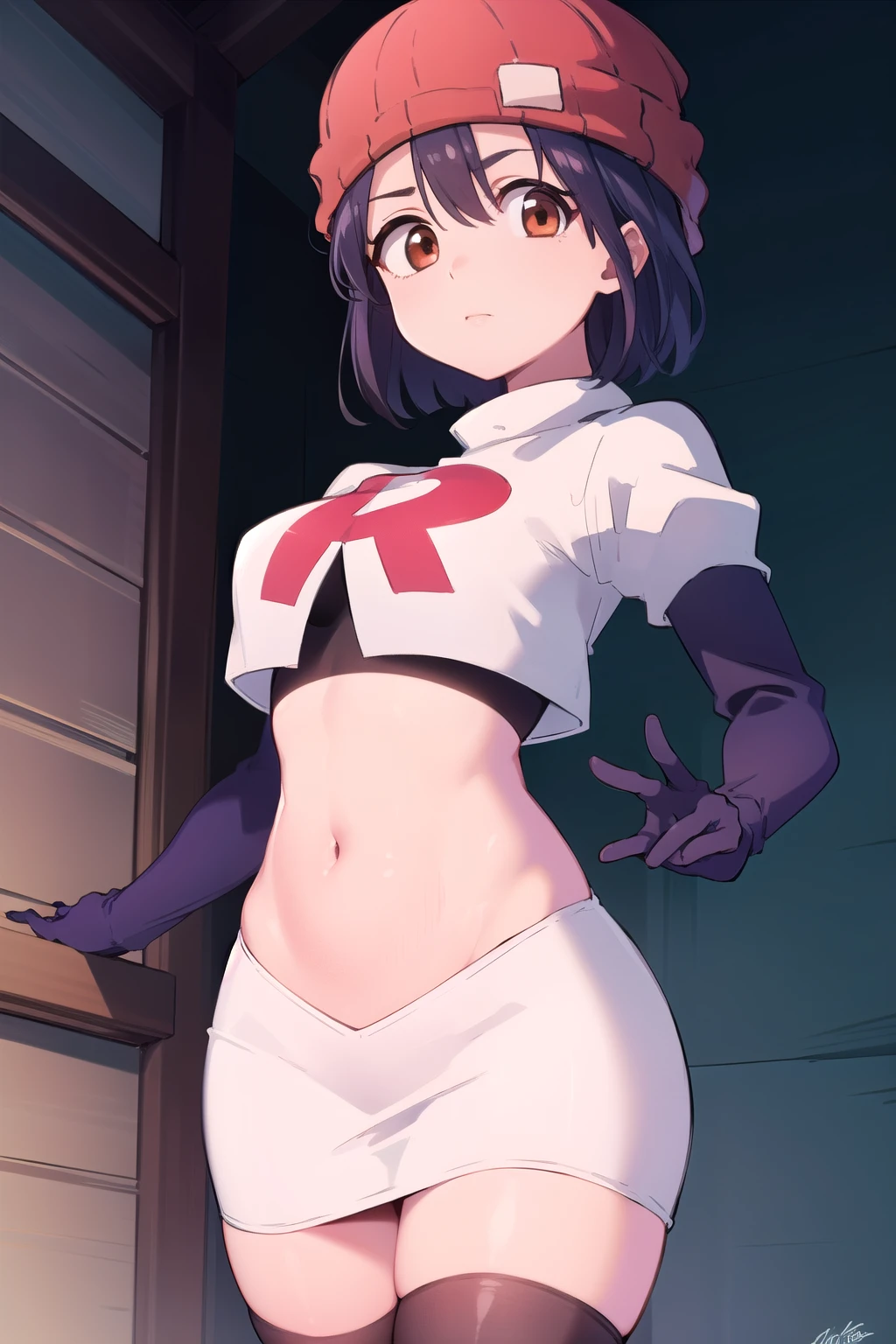 fuukoizumo, fuuko izumo, black hair, hair between eyes, (brown eyes:1.5), short hair,
BREAK team rocket,team rocket uniform, red letter R, white skirt,white crop top,black thigh-highs,black elbow gloves, beanie, (red beanie:1.2),
BREAK looking at viewer, (cowboy shot:1.5),
BREAK (masterpiece:1.2), best quality, high resolution, unity 8k wallpaper, (illustration:0.8), (beautiful detailed eyes:1.6), extremely detailed face, perfect lighting, extremely detailed CG, (perfect hands, perfect anatomy),