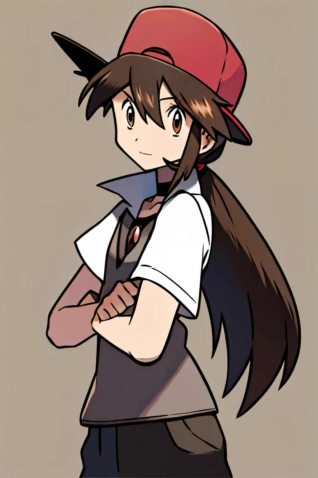 Pokemon trainer, Male, long hair, brown hair, brown eyes, black hat, black outfit, silver choker, crystal on silver choker, pale skin, feminine, ponytail