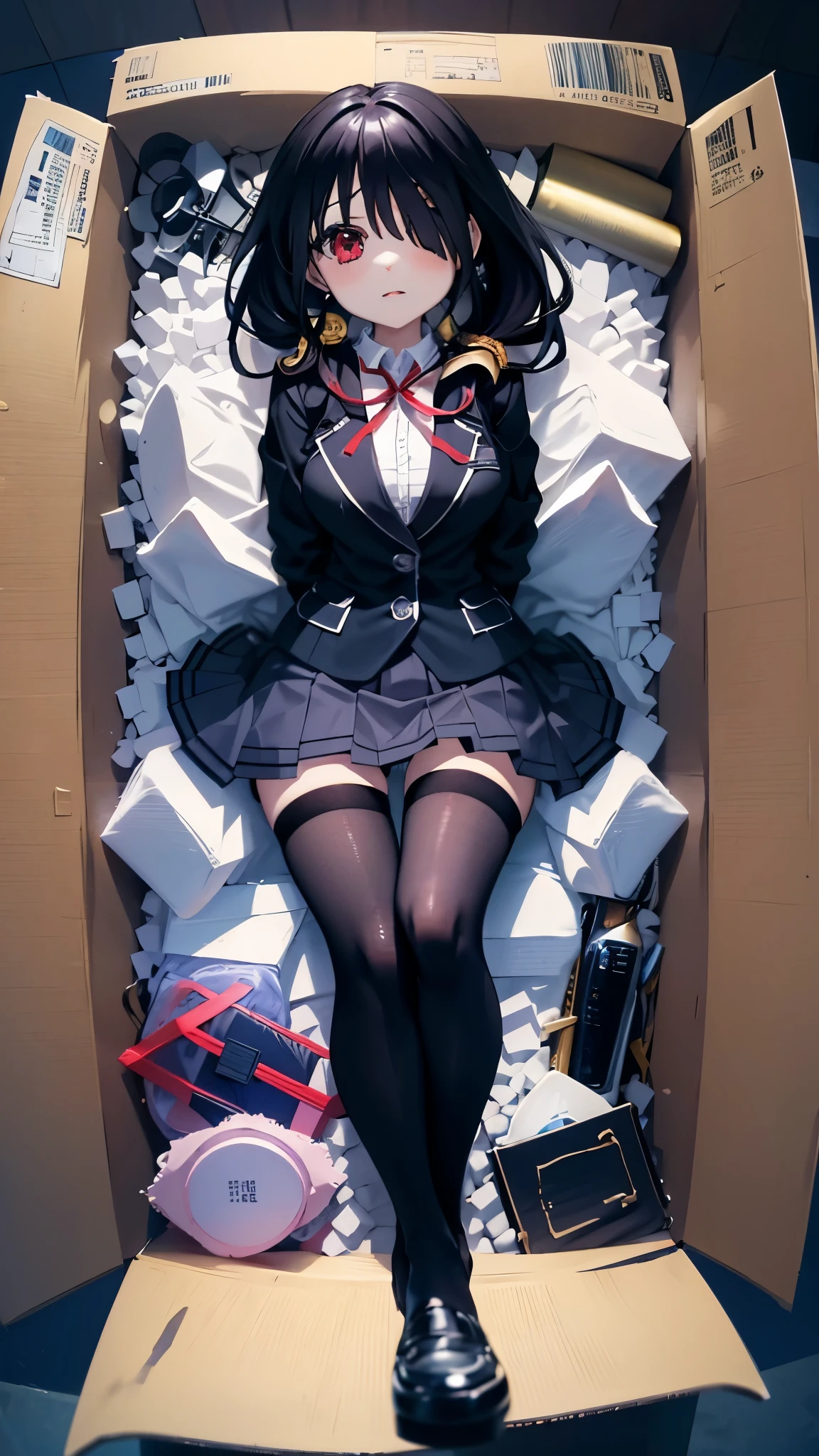 KurumiSchool, low twintails, hair over one eye, , black jacket, blue skirt, neck ribbon, black pantyhose, in_box, nsidebox, boxrelaxed, in box, in container, inside cardboard box, box with packing peanuts, box with doll, various kinds of expressions