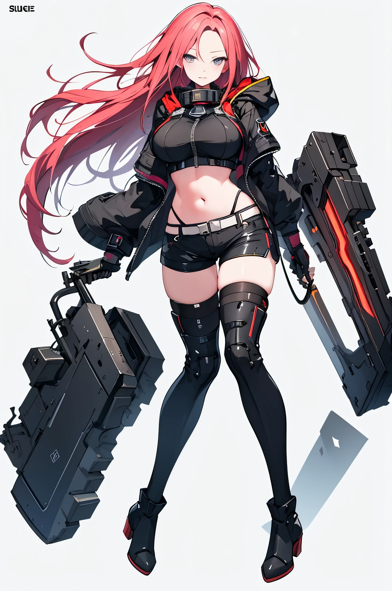 high quality、Highest image quality、solo photos、Front photo、near future、cyber punk、A desolate worldview、The ruined school、GOD EATER、High school girl wearing a shawl、、Red Hair（braid、back knot、long hair）、gold eye（Broken pupil、Shining eyes）、armedしている、Hold a huge weapon、Wearing the harnesoderate flesh、Black shawl（Long length、Large hood、zipper、half open、Lower valley、Military Chic、Sci-Fi Design、combat、protector、Armor）、low rise shorts（Absolute area、combatベルト、armed、Portable knife）、Putting on the collar（Hard Color、metal color、lead、Lock、slave collar、For pets、High-tech design）、tech boots（thigh high boots、Absolute area、Illuminating Line）、High Tech Gloves、big breasts、The lower breast is protruding、I can see my belly button、Putting on a gas mask（cyber punkマスク、stylish）