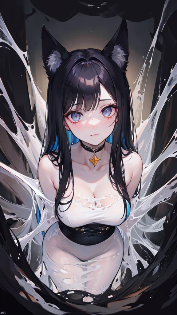 fox ears,From the ceiling, dim lights, dark atmosphere, oil painting style, bright colors, enthusiastic. (best quality, High resolution, super detailed, actual:1.2), net, trapped, Exquisite facial features, long black hair,fear in her eyes. half body visible,(gagging:1.4),