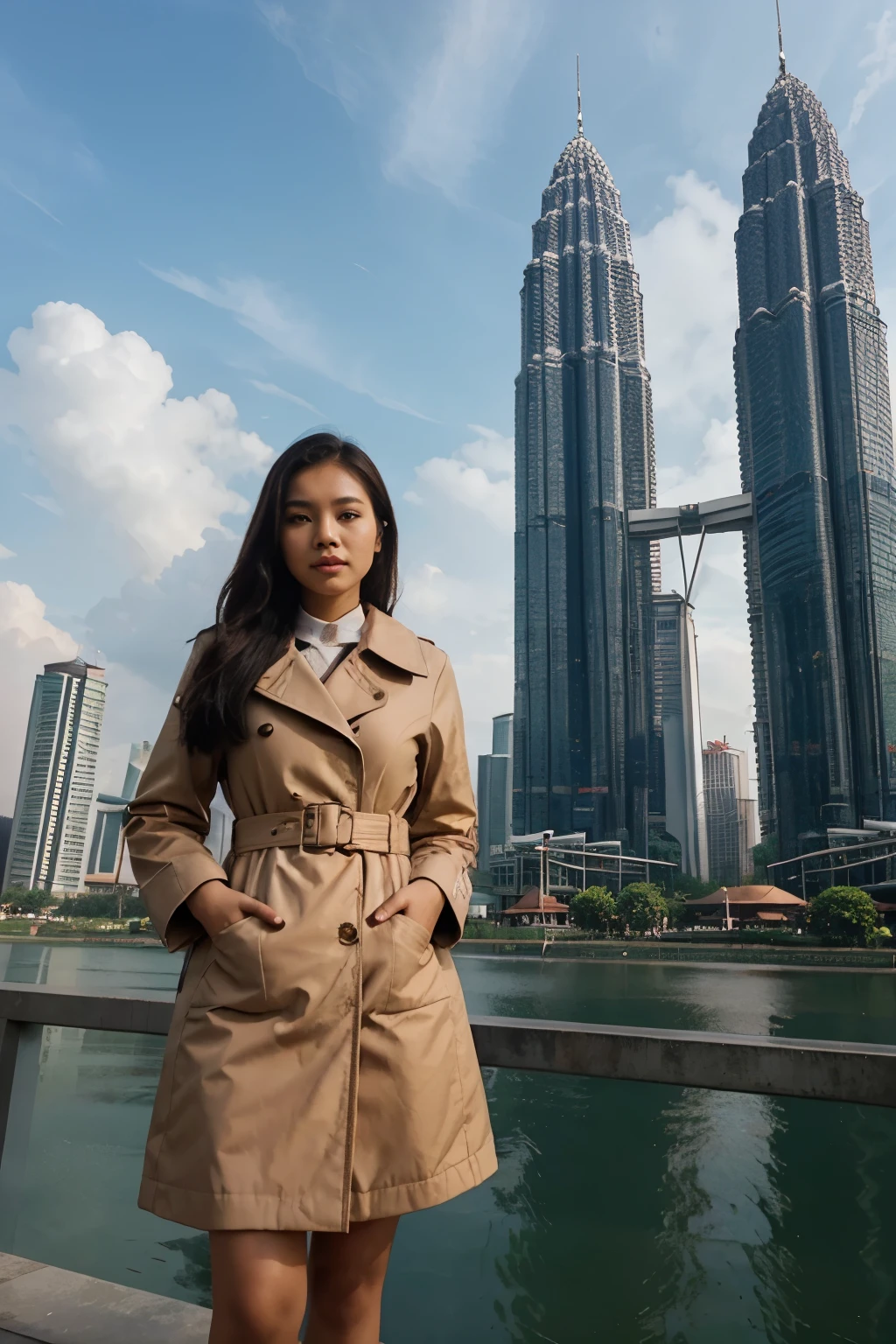 Beautiful Indonesian woman in a coat standing in front of the Malaysian Twin Towers. indonesian girl, in malaysia, indonesian woman, 24 years old, in front of the petronas twins towers malaysia, with petronas view, beautiful high resolution, malaysia, shutterstock, very beautiful photo, beautiful picture