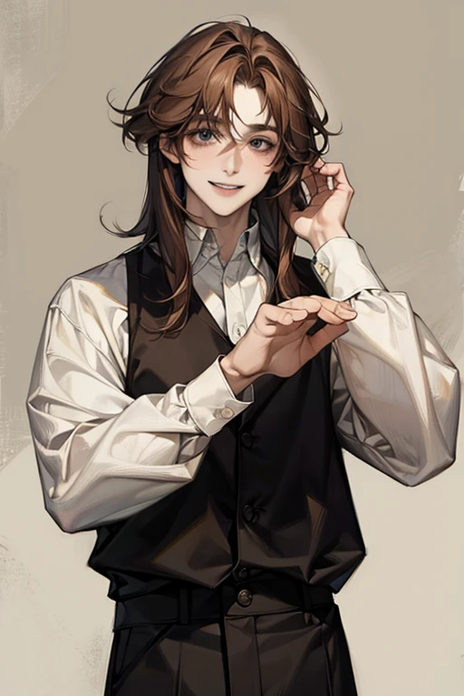 Masterpiece, best quality, solo, male, medium length hair, brown hair, smile facial, white shirt