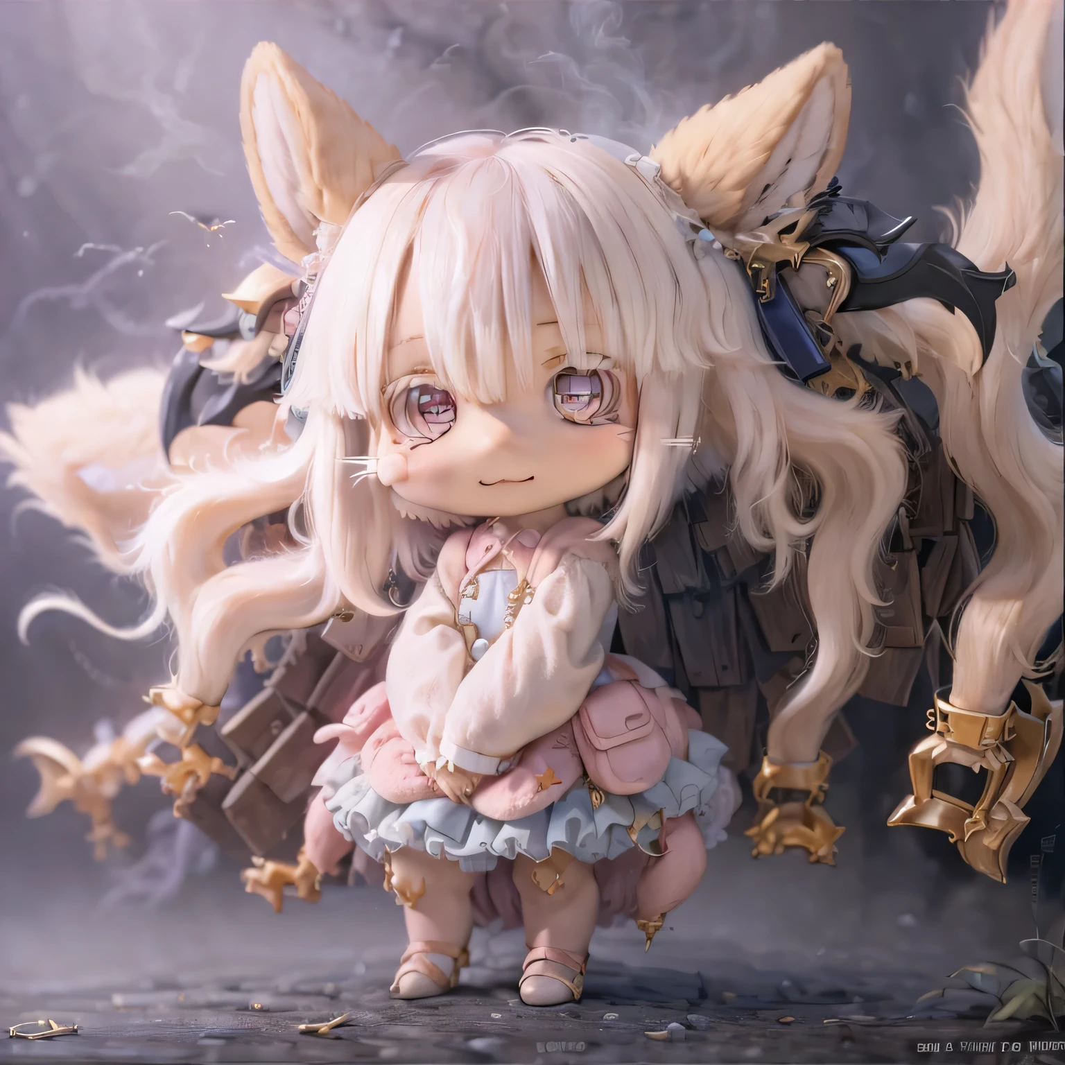 in the garden, smiling girl, Similar to Nanachi from Made in Abyss. she is beautiful, fine eyes and lips. The girl is (((chibi style,))) . Image quality is top quality, With highly detailed and realistic features. The artwork medium is a combination of illustration and photorealistic rendering.. The colors are vivid、The lighting creates a warm and cheerful atmosphere。Casual full body(((((Cute pink dress)))))contrasting