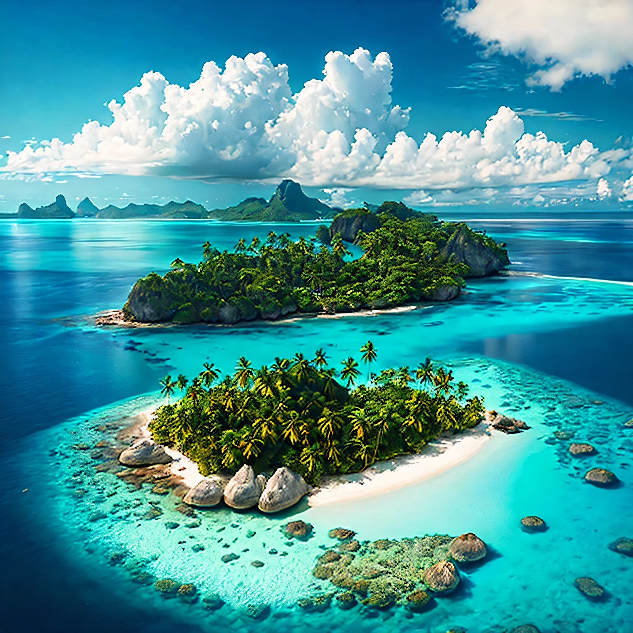 arafed island with palm trees and a sandy beach, tropical island, epic matte painting of an island, island in a blue sea, an island floating in the air, an island, island landscape, island floating in the sky, island background, monsoon on tropical island, island in the background, floating island, tropical location, island, island with cave, many islands, no humans, tree, cloud, sky, outdoors, scenery, day, palm tree, ocean, water, beach, blue sky, horizon, cloudy sky, nature, sand