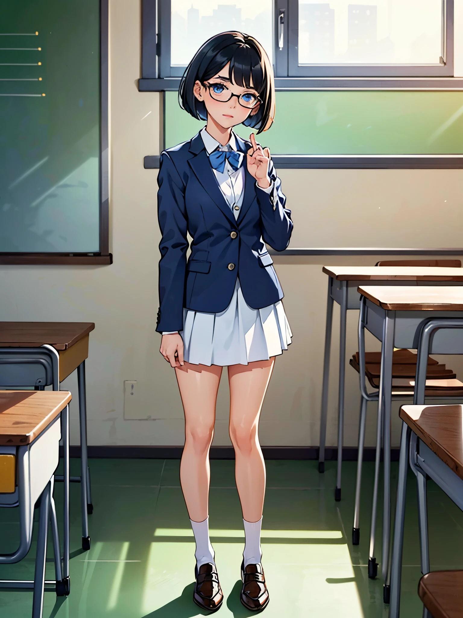 masterpiece, best quality, 1girl, solo, solo focus, brown shoes, matching shoes, white socks, matching socks, (blazer, blue blazer), (white skirt, pleated skirt, miniskirt), glasses (high school girl), standing, standing straight, school backdrop, dark blue hair, ((short hair, bob hair)), blue eyes, beautiful detailed eyes, beautiful detailed face, cute face, perfect hands, complete fingers, perfect anatomy, perfect proportions, relaxed, full body, cowboy shot, classroom