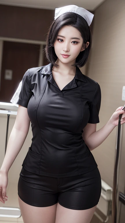 (1 Ultimate Beautiful Mature Nurse)、Super detailed face、delicate lips、delicate eyes、double eyelids、((black bob hair))、(Nurse:1.3)、(charming figure)、(huge breasts)、Smile、thighs thighs thighs thighs, perfect fit, 完美的图像Realism, background with: (hospital ward:1.2), Cowboy shooting, Detailed background and, detailed clothing, perfect lighting、Surrealism、(Realism:1.4)、8K maximum resolution, (​Masterpiece), Very detailed, professional