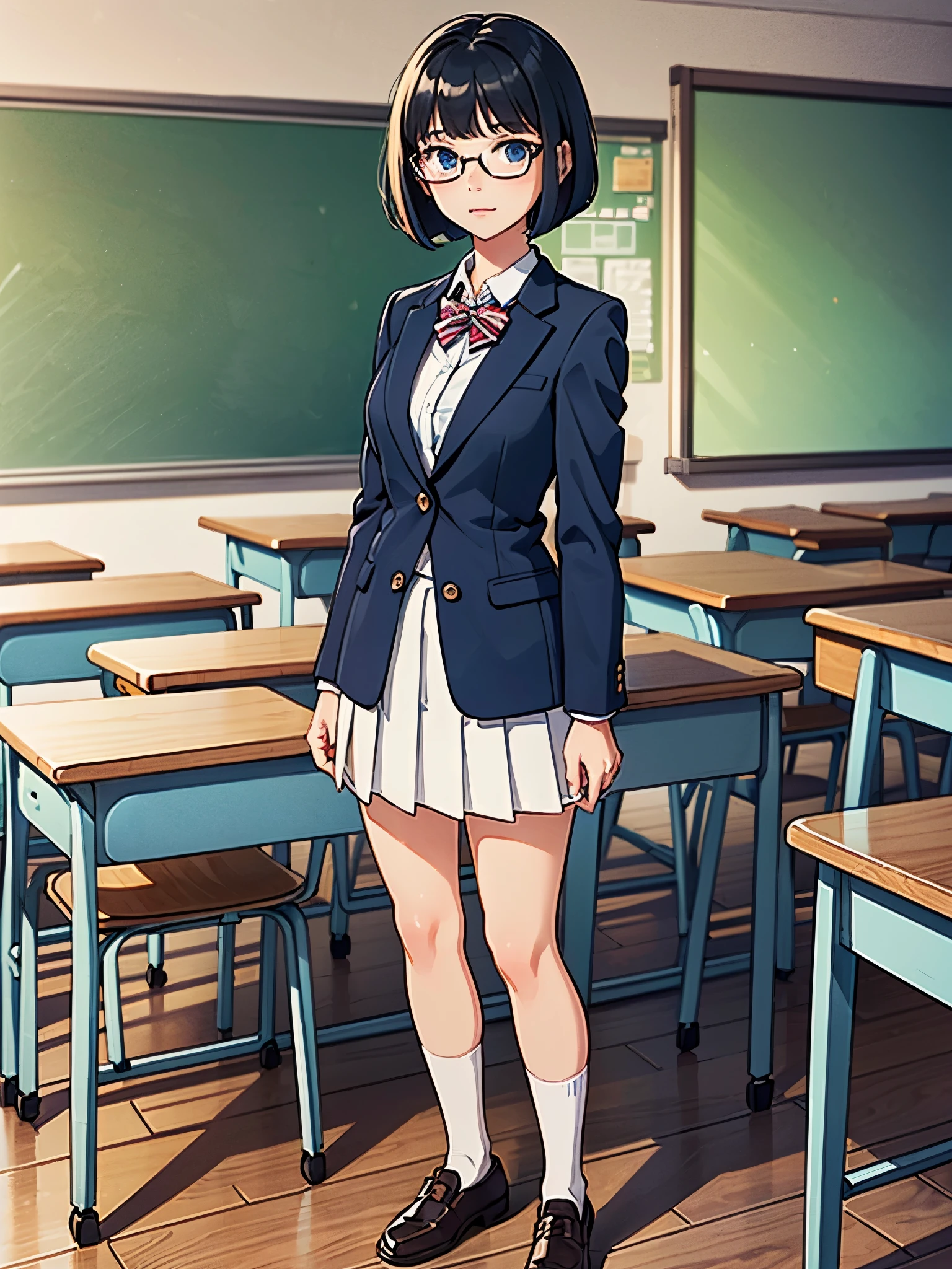 masterpiece, best quality, 1girl, solo, solo focus, brown shoes, matching shoes, white socks, matching socks, (blazer, blue blazer), (white skirt, pleated skirt, miniskirt), glasses (high school girl), standing, standing straight, school backdrop, dark blue hair, ((short hair, bob hair)), blue eyes, beautiful detailed eyes, beautiful detailed face, cute face, perfect hands, complete fingers, perfect anatomy, perfect proportions, relaxed, full body, cowboy shot, classroom