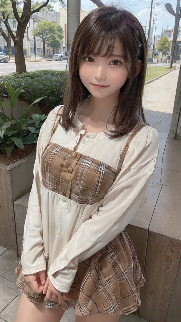 masterpiece, highest quality, High resolution,super detailed, amazingly beautiful woman,8k wall,one girl, (a beauty girl, delicate girl:1.3), (13 years old:1.3), break, (Casual dress with plaid pattern:1.3), break, extremely fine-grained clarity, (symmetrical eyes:1.3), break, (lush park:1.3), break, small breasts, brown eyes, parted bangs, brown hair, girl, break, (Eye and face details:1.3), break, surprised face,