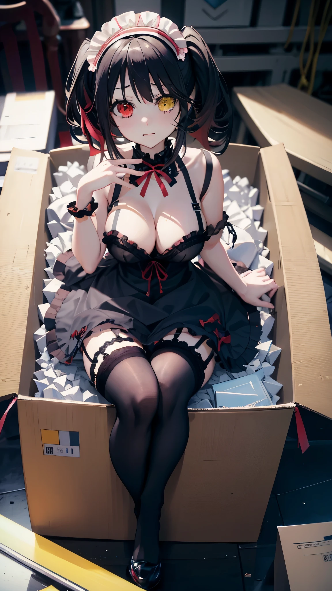 KurumiMaid, thighhighs, (clock eyes), heterochromia, twintails, bow, ribbon, cleavage, frills, apron, white thighhighs, wrist cuffs, maid, maid headdress, garter straps, in_box, nsidebox, boxrelaxed, in box, in container, inside cardboard box, box with packing peanuts, box with doll, various kinds of expressions