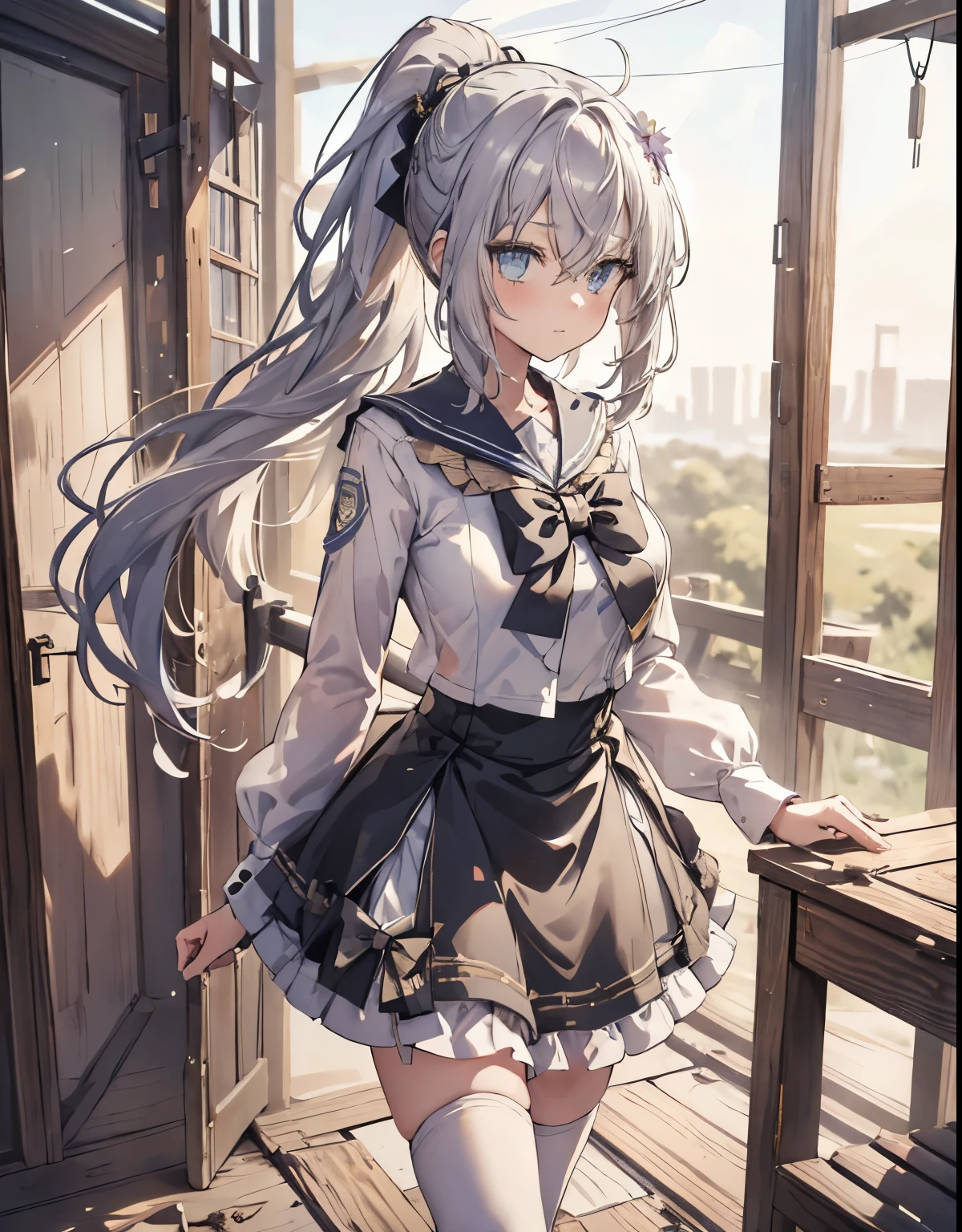 masterpiece, 1girl, sparrow, a silver haired girl, wearing a sailor clothes, curly long hair, messy hair, slim body, he close her left eye, shirt ornament, aqua eyes, ahoge, baby face, huge breast, beautiful breasts, rounded breasts, long sleeves, beautiful eyes, white stocking, droopy eyes, skirt, black skirt, plaid skirt, her age is 19 years old, ricefield, bowtie, sailor collar, flared skirt, tight shirt, skirt, azusadress, ponytail